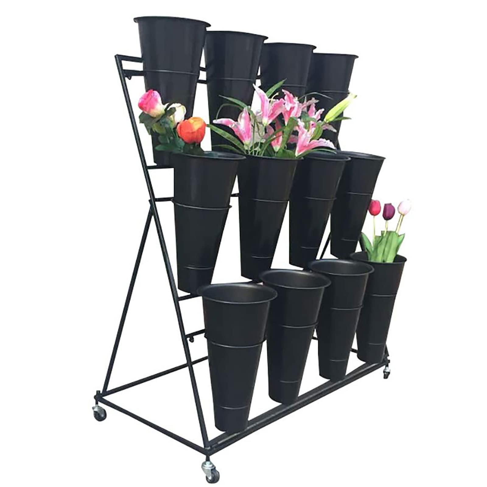 U&Q 3-Tier Metal Plant Stand with Wheels - Modern Indoor Outdoor Flower Display Shelf with Buckets for Home, Patio, Balcony - Black 100x50x110cm (39x20x43in) - Perfect for Decorating Living Rooms, Gardens & Office Spaces
