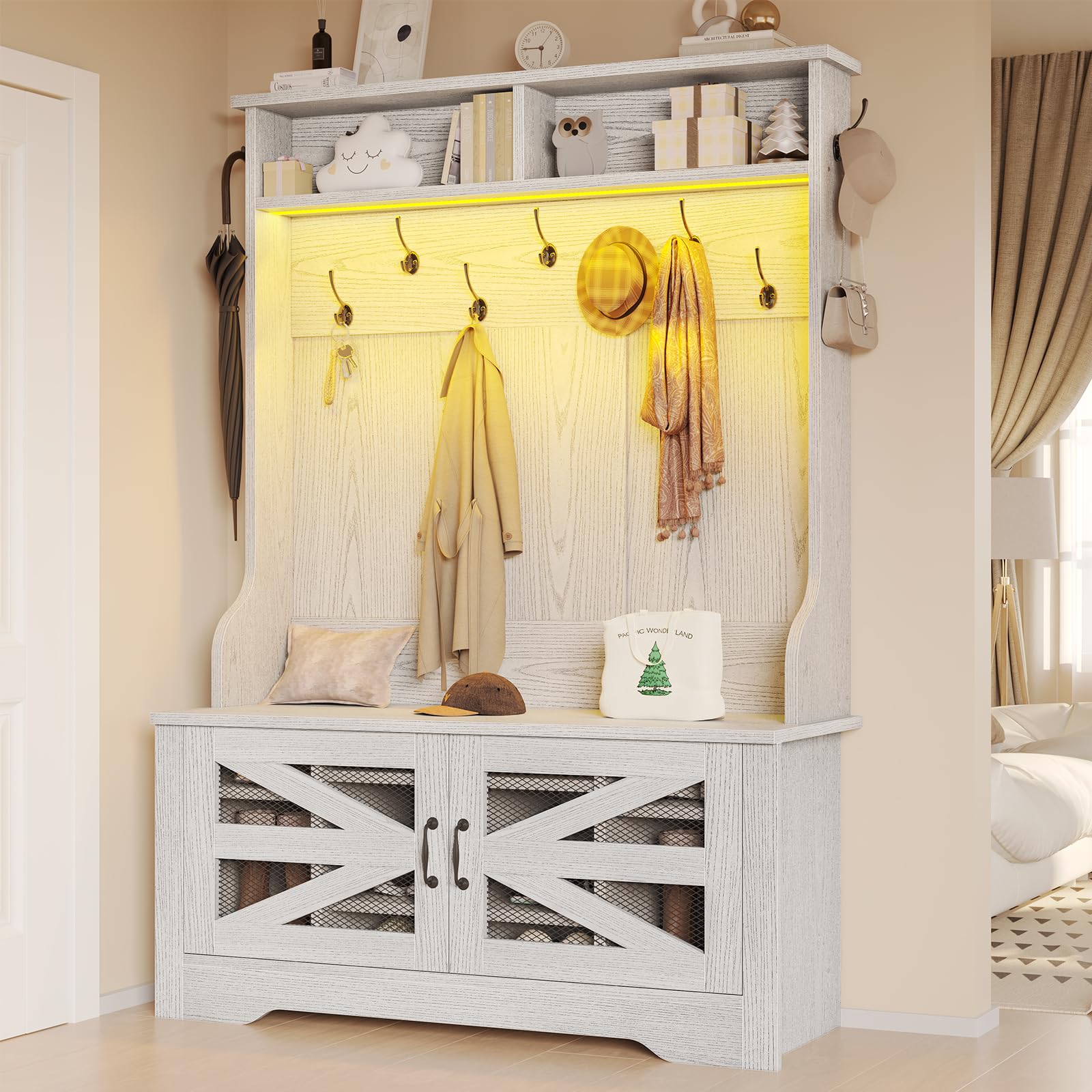 Itaar 5-in-1 Hall Tree Entryway Bench with Shoe Storage, Coat Rack & Adjustable Shelf - 10 Shoe Cubbies, 9 Coat Hooks & Barn Door Design (Embossed White) - Perfect for Mudroom, Foyer & Small Space Organization
