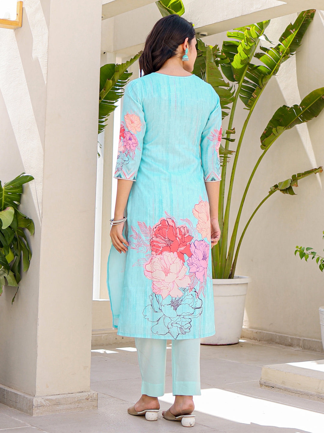 Stylish Blue Linen Pant Suit with Digital Print - Elegant Women's Office Wear & Summer Business Attire
