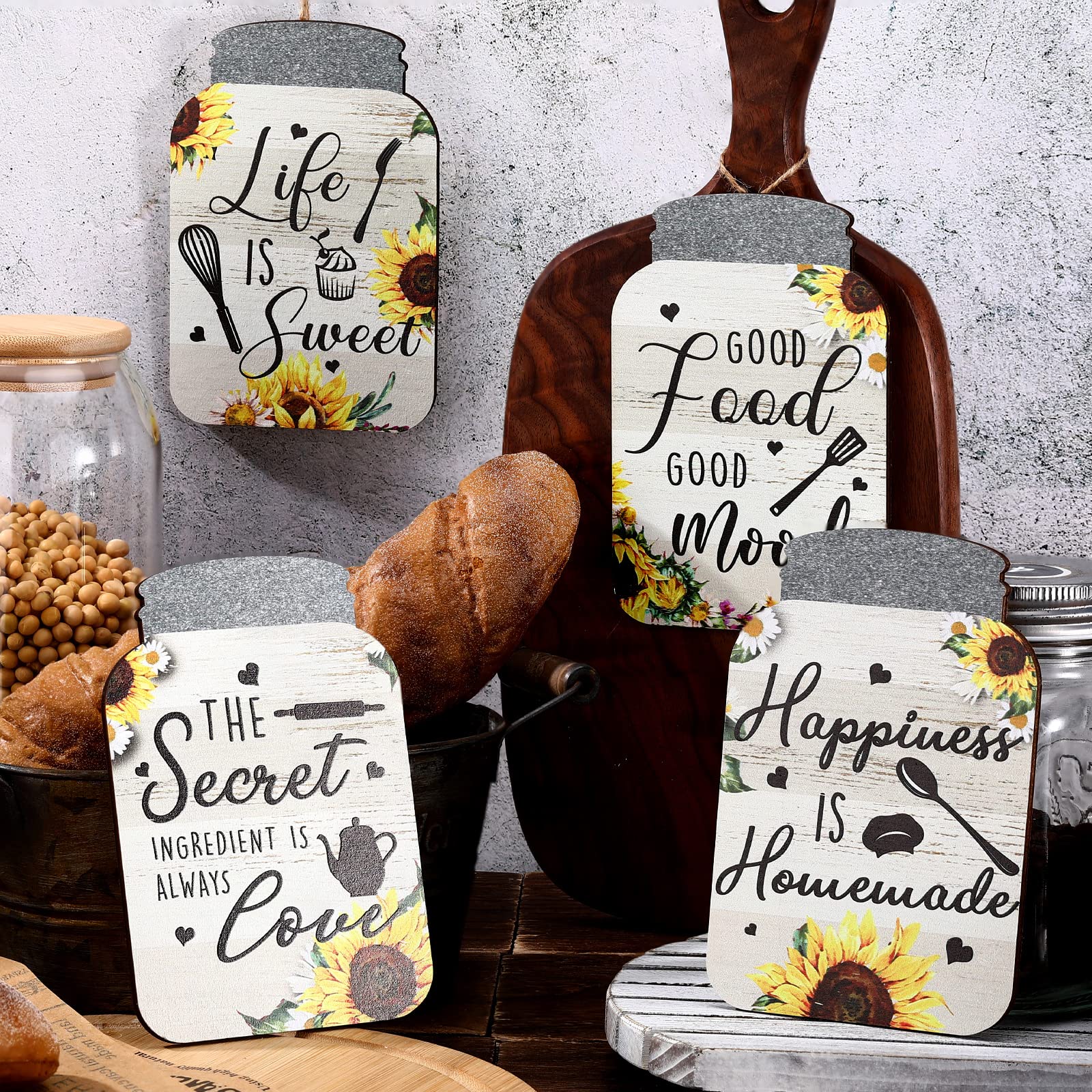 Qunclay 4-Piece Rustic Mason Jar Wall Decor - Farmhouse Kitchen Signs & Hanging Plaques (6x4in, Sunflower) for Home & Dining Room
