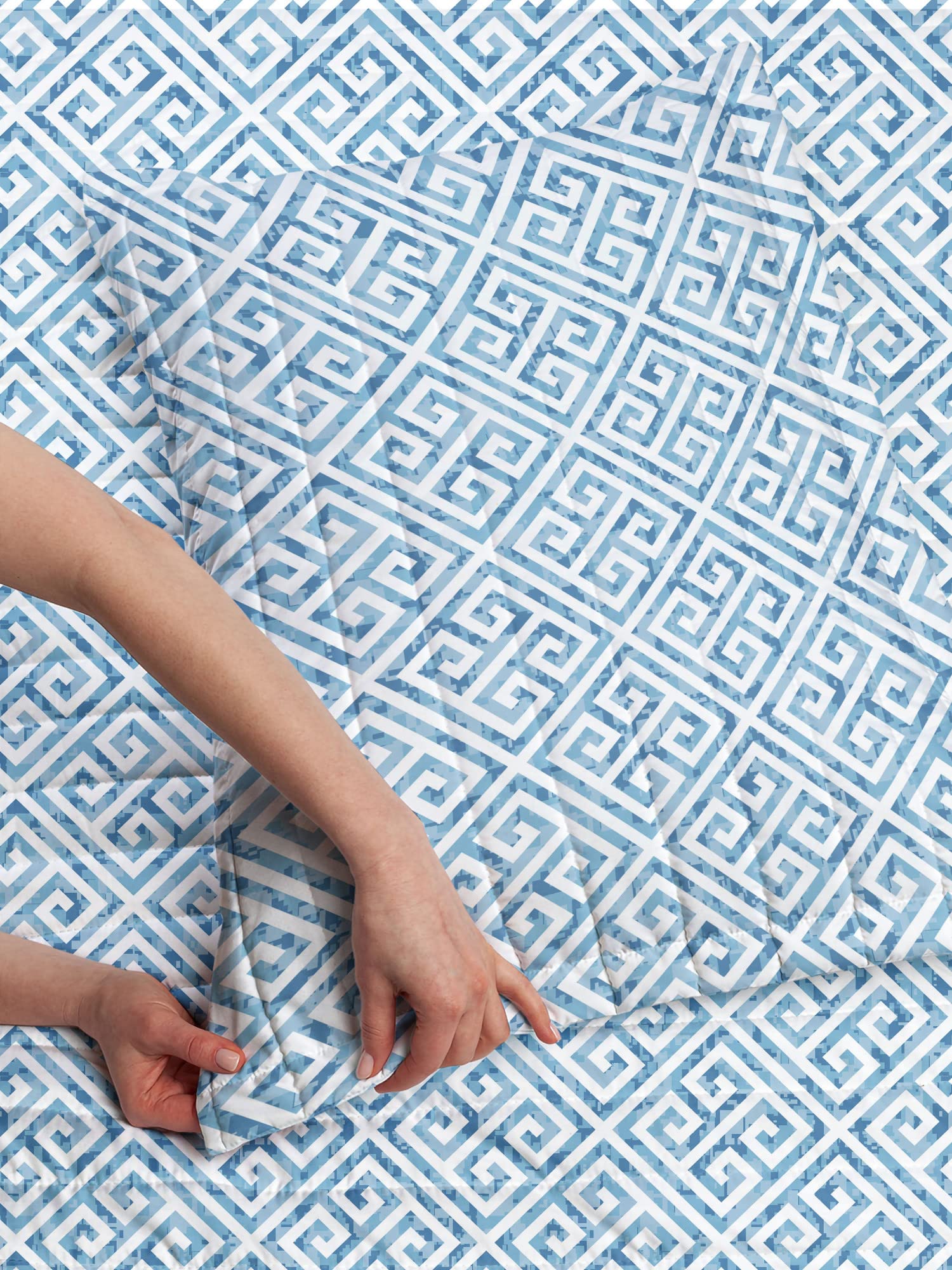 Ambesonne Geometric Microfiber Bedspread Set - Queen Size Tile Mosaic Pattern in Antique Meander & Camo Print, Soft Bedding Comforter with Pillow Shams, Pale Blue & White | Modern Bedroom Decor for Guest Rooms & Master Suites