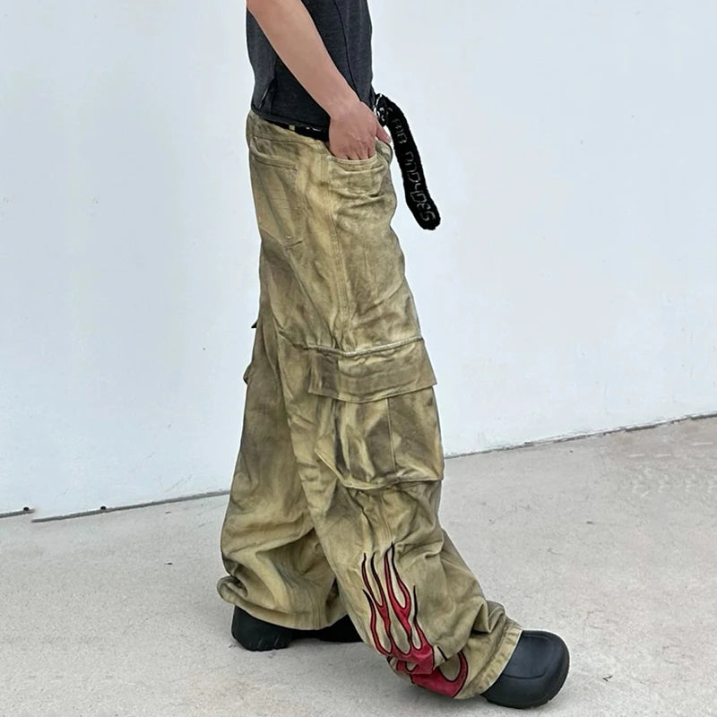 American Style Men's Distressed Denim Jeans with Flame Print & Large Pockets - Straight Leg Overalls for Summer Fashion | Casual Wear, Street Style, Outdoor Activities