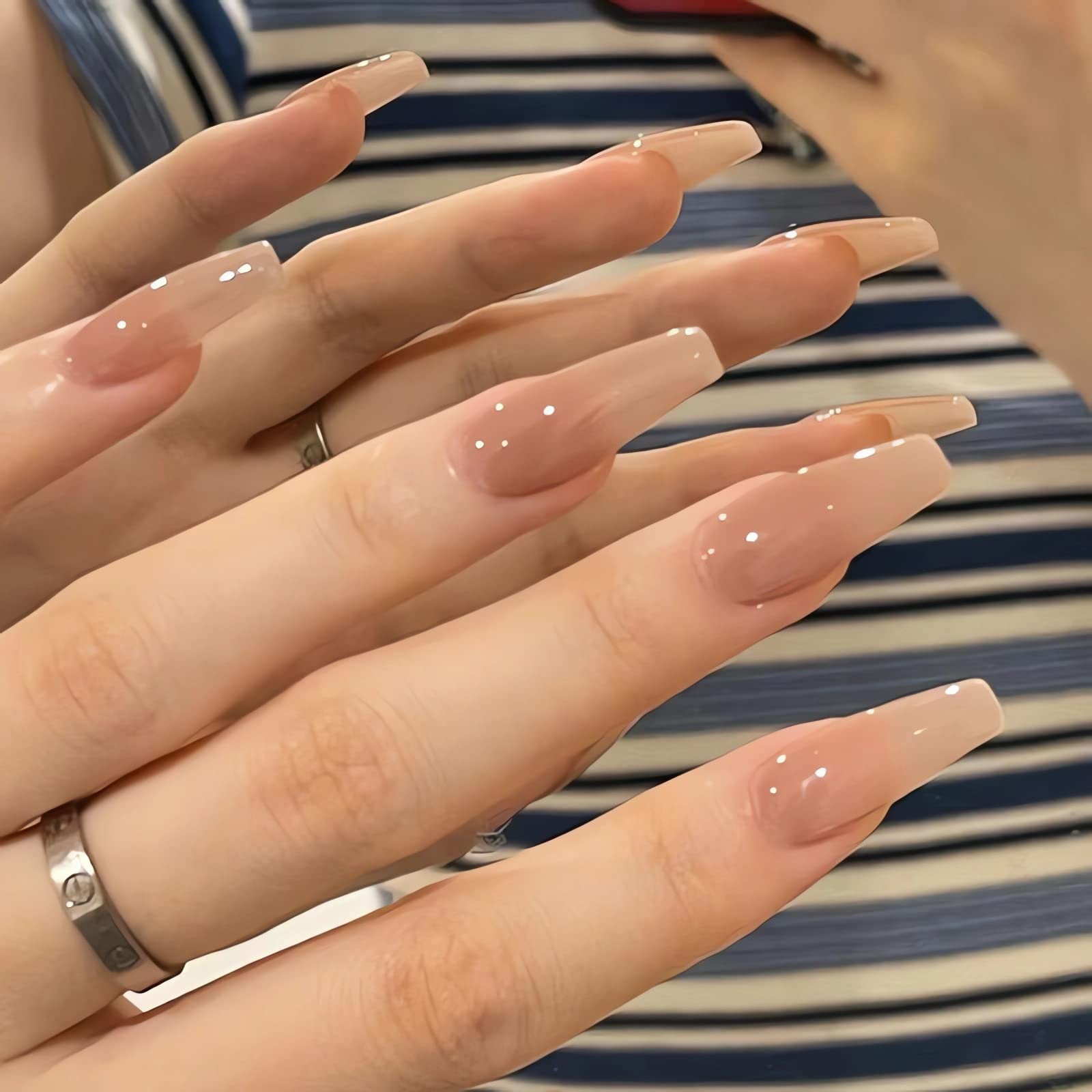 IMSOHOT 24PCS Coffin Press-On Nails - Long Ballerina Fake Nails, Nude Full Cover Acrylic Glossy Stick-On Nails for Women | Perfect for Parties, Weddings & Everyday Glam