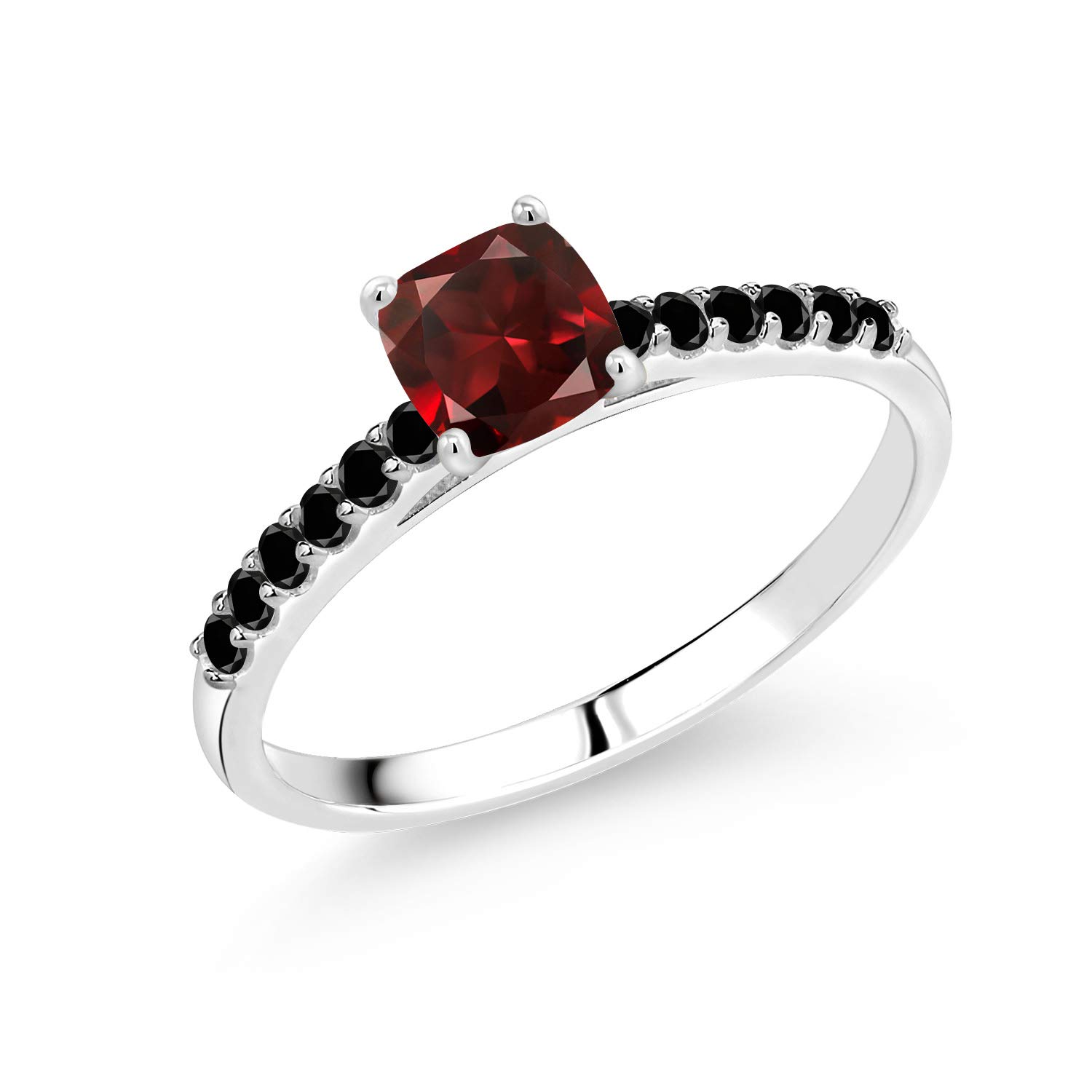 1.00 Ct Cushion Cut Red Garnet & Black Diamond Ring in 10K White Gold | Gem Stone King | Elegant Jewelry for Weddings, Anniversaries & Special Occasions