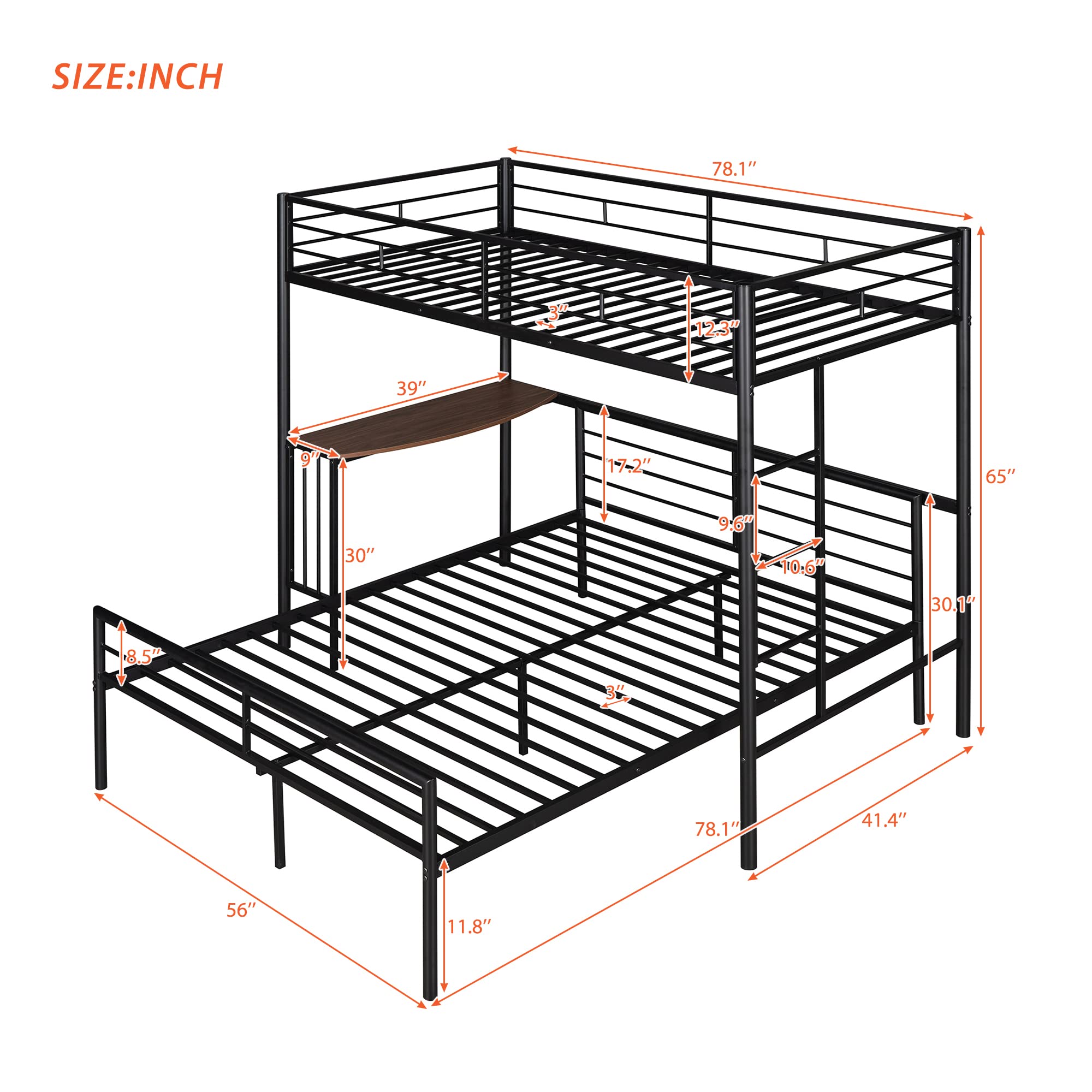 **Harper & Bright Designs Twin Over Full Bunk Bed with Study Desk - Metal Bunk Bed for Kids & Teens - Convertible to Loft Bed or Platform Bed - Space-Saving Black Bed for Small Rooms & Dormitories**