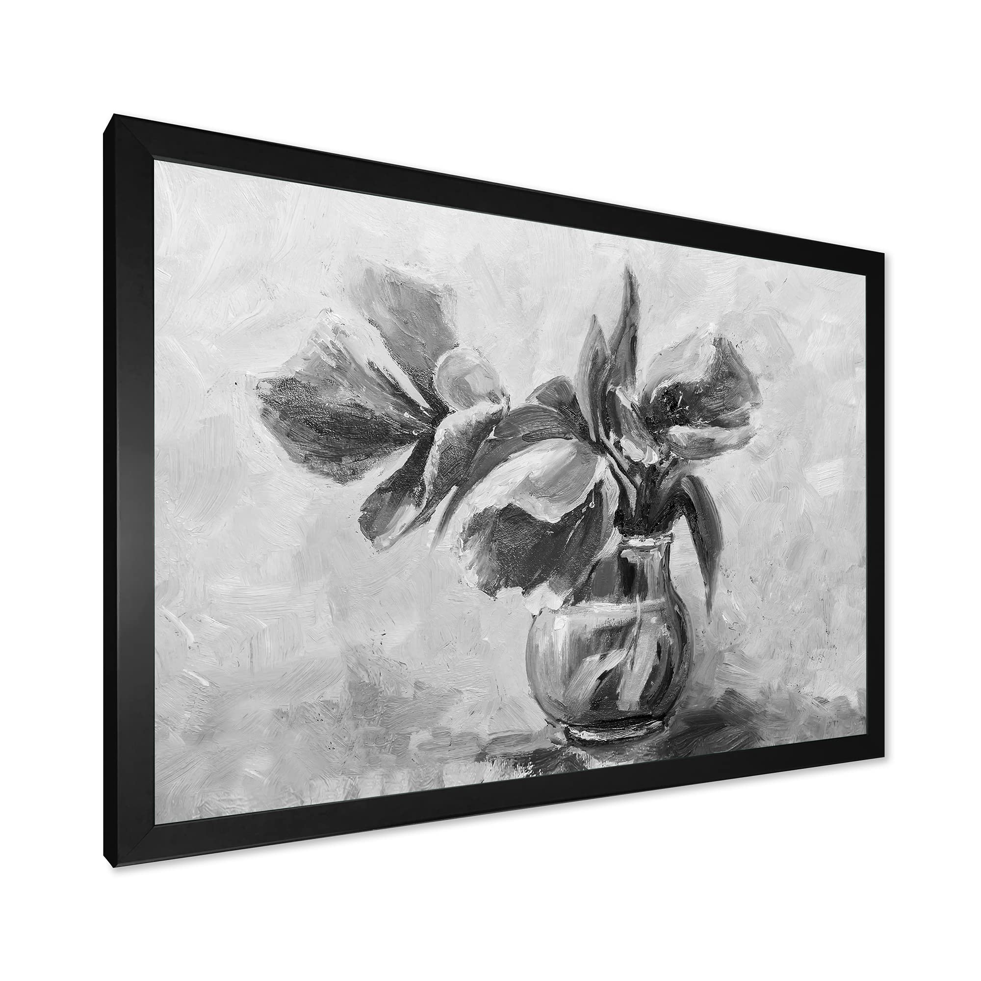 Monochrome Still Life Flower Vase Painting - Traditional Framed Wall Art Decor for Living Room, Bedroom & Office