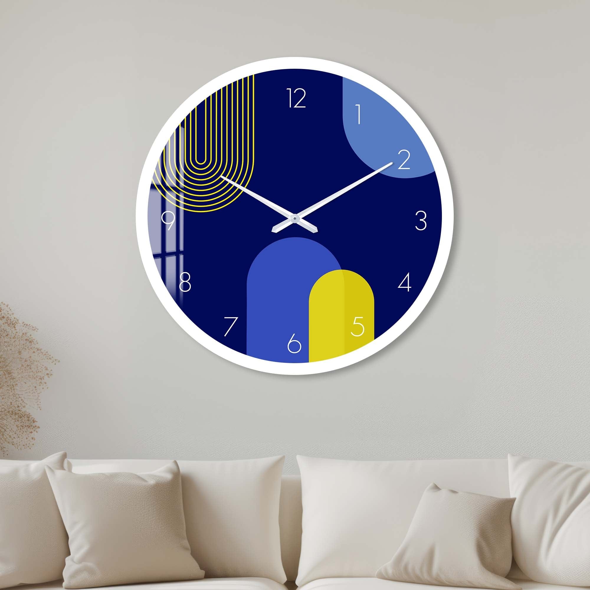 Stylish Puffy Blue & Yellow Glass Wall Clock - Modern Home & Office Decor for Living Room, Bedroom, Kitchen