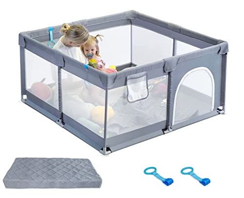 Letmudla Baby Playpen with Mat - Upgraded Sturdy Play Yard with Gate & Hand Rings, Easy to Assemble Indoor/Outdoor Activity Center for Infants & Toddlers - Perfect for Home, Nursery, Daycare & Backyard Playtime