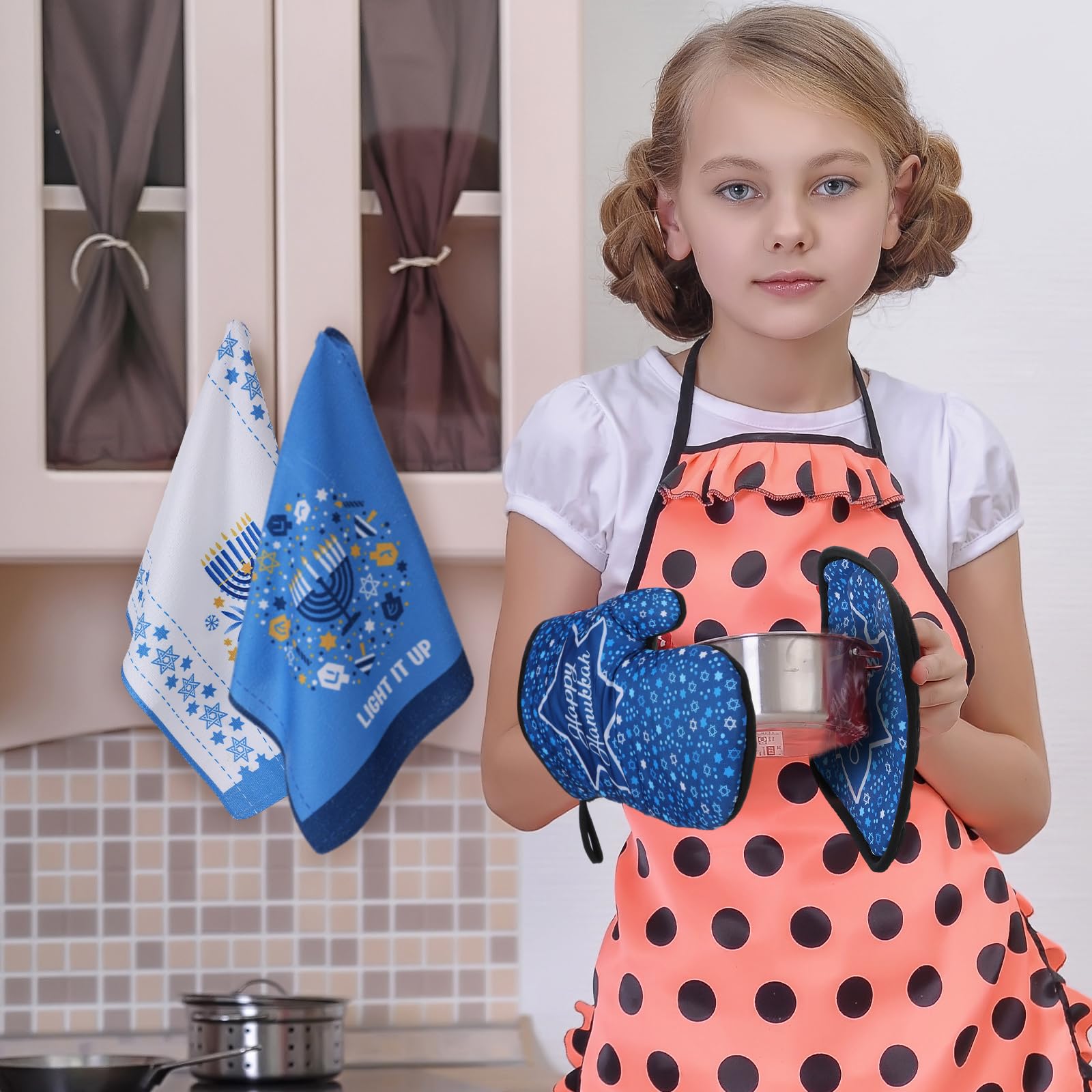 6 Pcs Hanukkah Hostess Gift Set - 4 Kitchen Towels, Pot Holder & Oven Mitt - Chanukah Kitchen Decor & Cooking Accessories for Women - Perfect for Hanukkah Parties, Holiday Cooking & Hostess Gifting