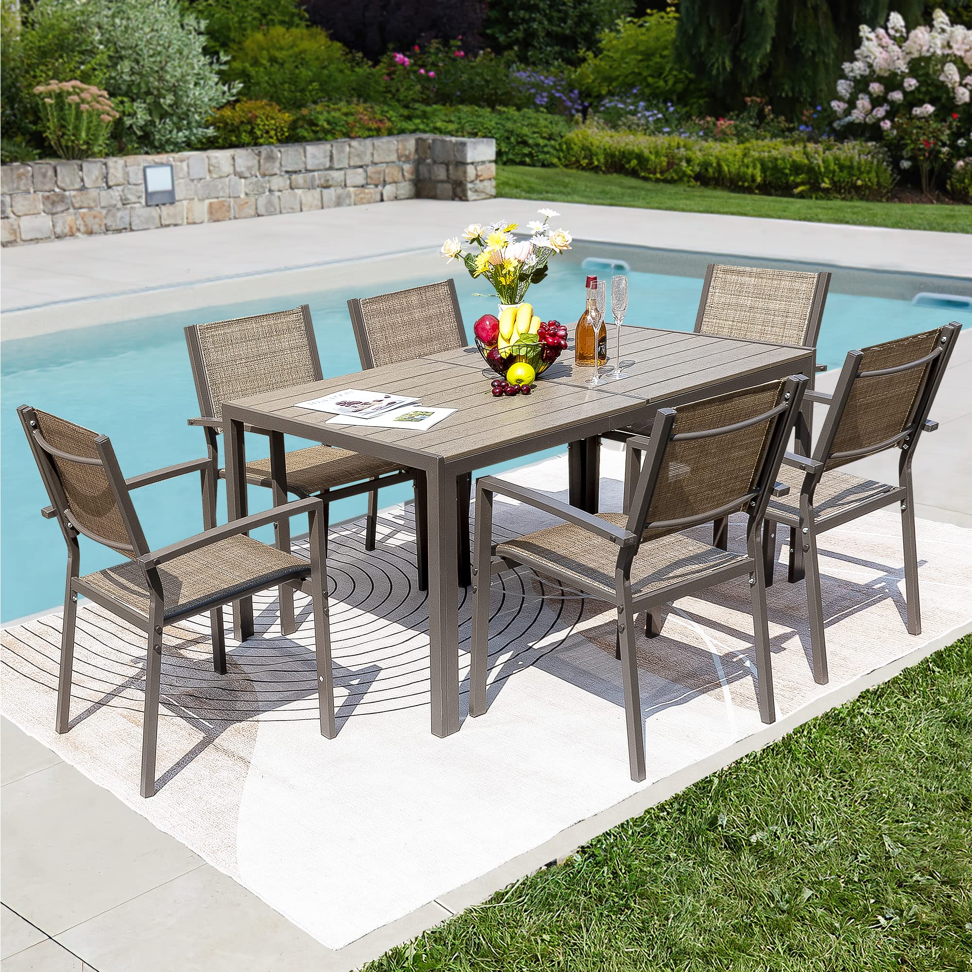 Rankok 7-Piece Patio Dining Set - Outdoor Furniture with Weather-Resistant Table & 6 Stackable Textilene Chairs for Garden, Yard, Poolside (Brown) | Perfect for Backyard BBQs, Outdoor Entertaining & Relaxing by the Pool