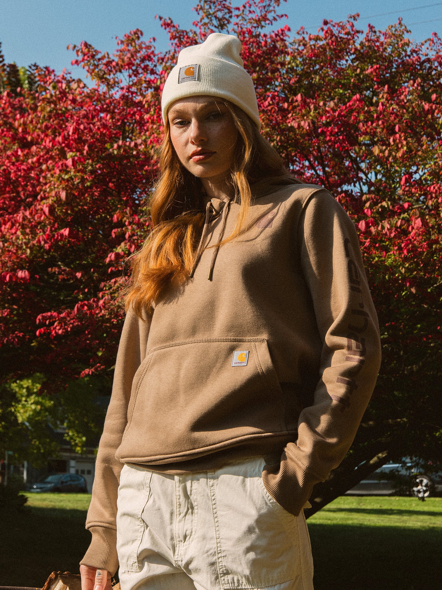 Carhartt Logo Sleeve Pullover Hoodie - Men's & Women's Heavyweight Cotton Sweatshirt for Work & Outdoor Activities