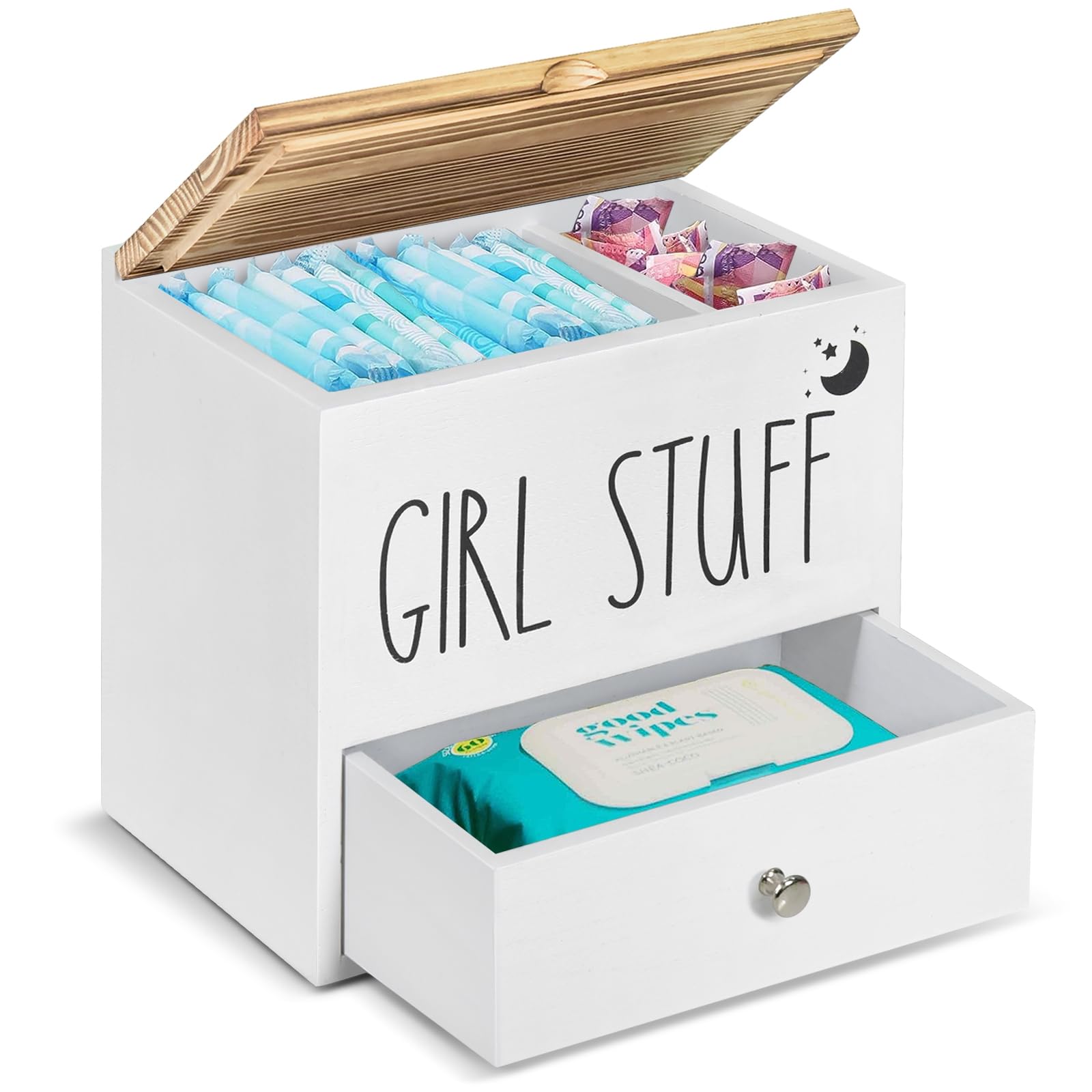 Wooden Feminine Product Organizer with Drawer & Lid - Tampon & Pad Storage Box, Cotton Ball/Swab Holder - Bathroom Decor & Organization for Women's Hygiene Essentials - Perfect for Vanity, Countertop or Shower Storage