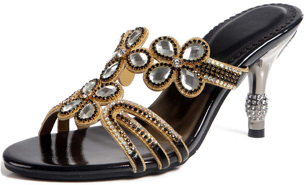 YooPrettyz Women's Rhinestone Handmade Sandals - Cutout Floral Slip-On Dress Shoes with Kitten Heels | Perfect for Weddings, Parties & Summer Outfits