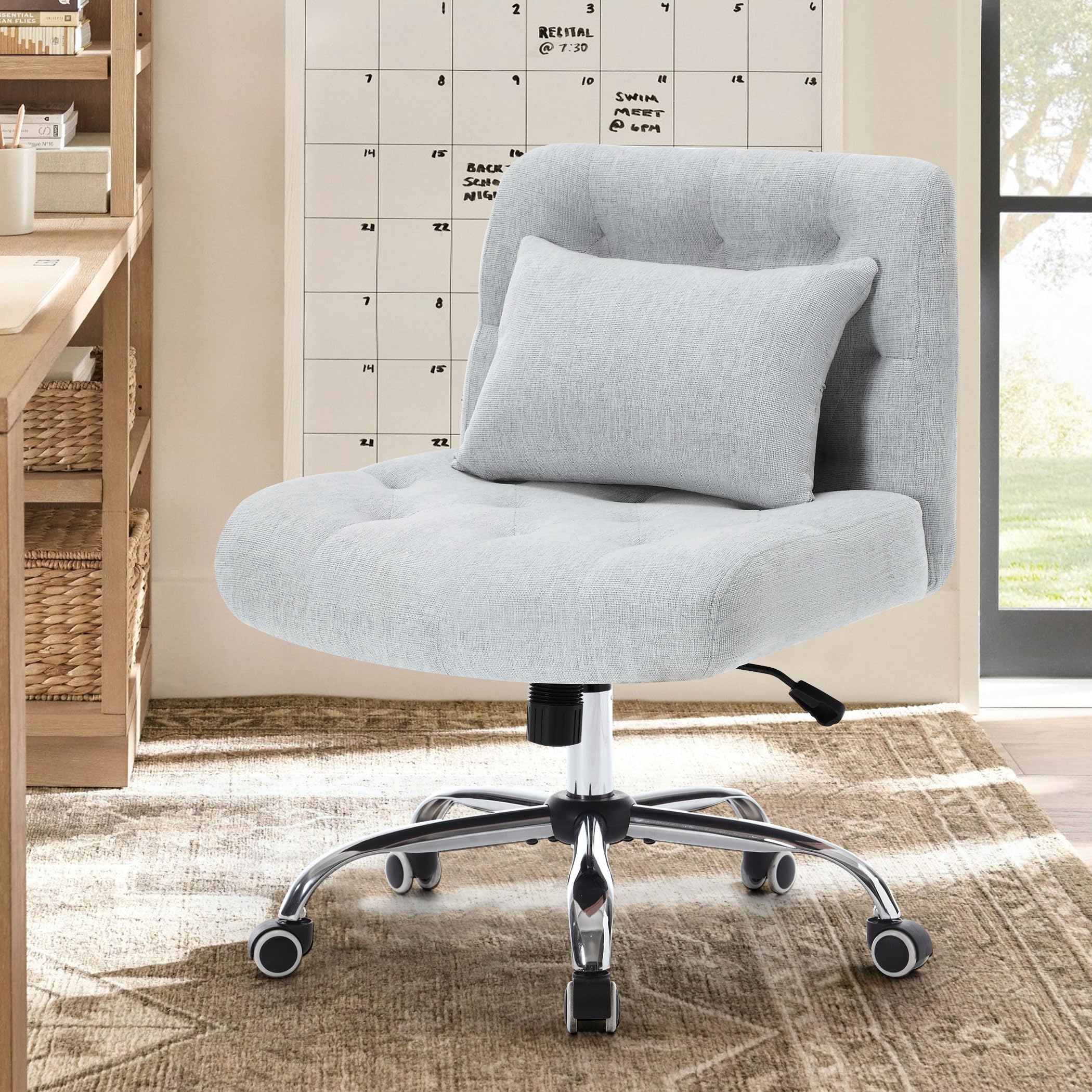 Armless Fabric Office Desk Chair with Wheels - Cross Legged Wide Seat Ergonomic Computer Task Chair for Small Spaces - Modern Home Office Chair with Lumbar Support - Perfect for Women's Vanity, Gaming, and Compact Workspaces