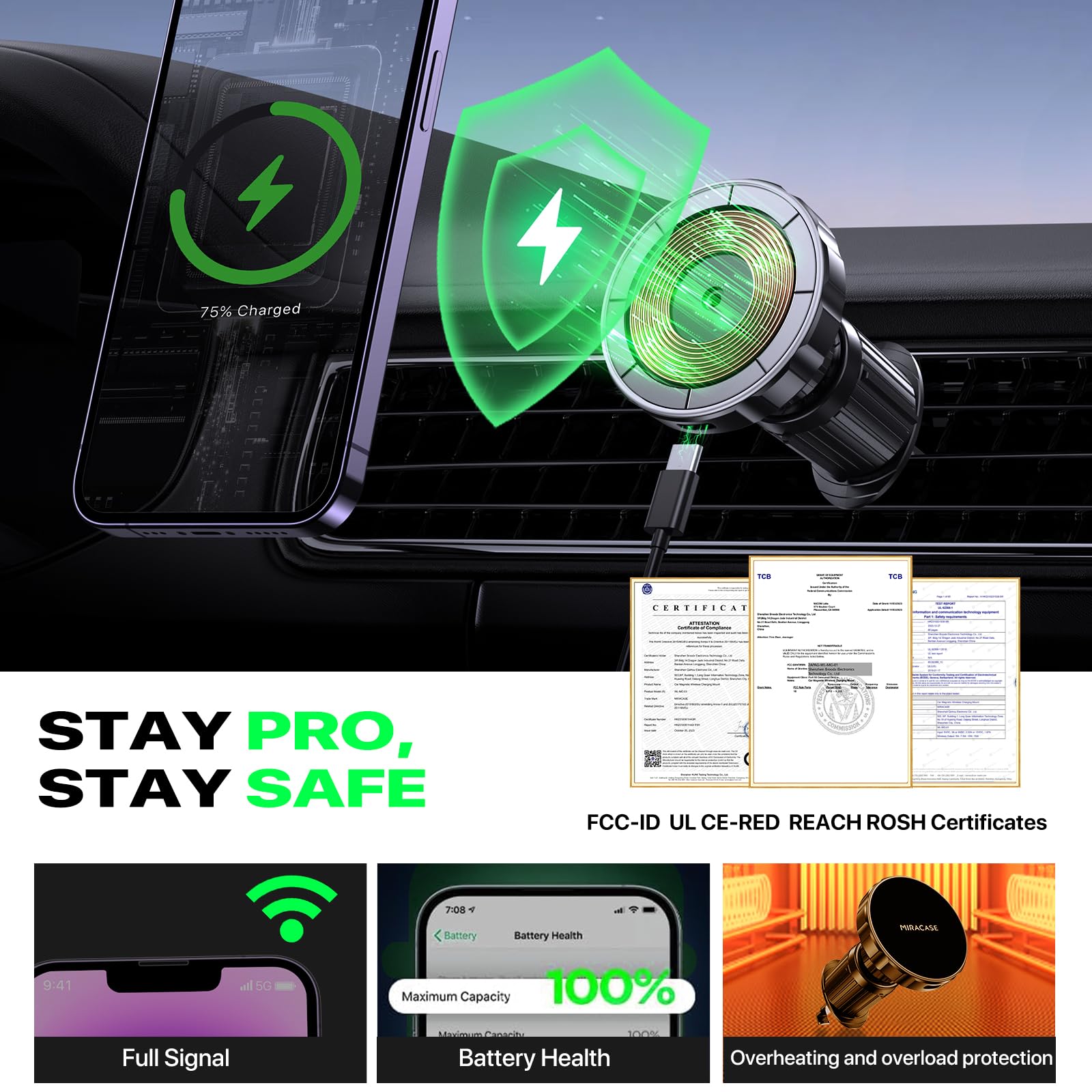 Miracase Magsafe Car Mount Charger - 15W Fast Magnetic Wireless Car Charger Compatible with iPhone 16/15/14/13/12 Series | Air Vent Phone Holder | Perfect for Safe Hands-Free Driving & GPS Navigation