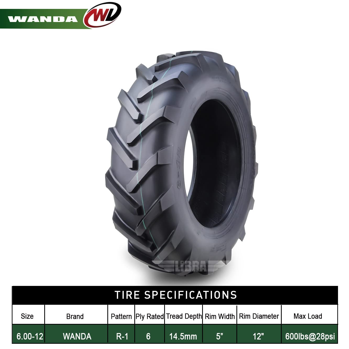 WANDA 6.00-12 Agricultural Tractor Tire R-1 Tread Pattern 6 Ply (16014) - Heavy Duty Farm Equipment Replacement for Tractors, Harvesters & Agricultural Machinery