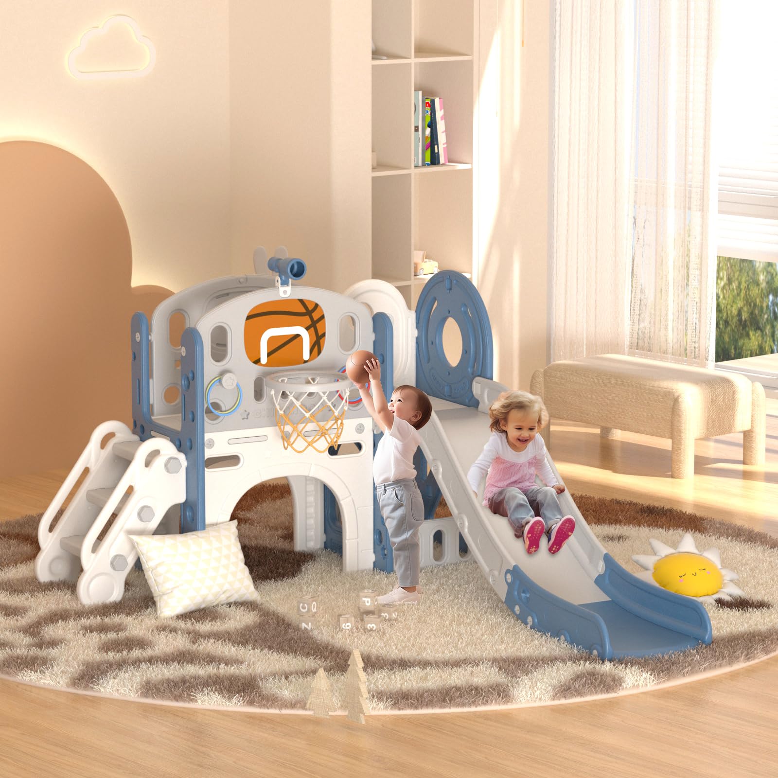 XJD 8-in-1 Toddler Slide and Climber Playset with Basketball Hoop - Indoor & Outdoor Playground for Kids Ages 1-3 Years - Perfect for Backyard, Playroom, Daycare and Preschool (Blue Grey)
