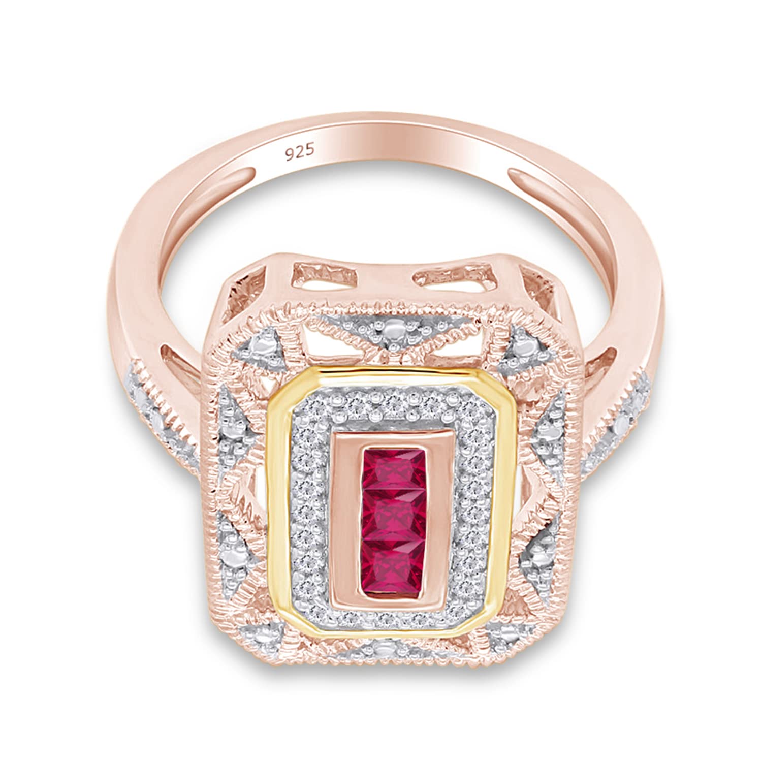 Sterling Silver Art Deco Style Ring with Created Ruby and White Natural Diamond Accents - Elegant Jewelry for Weddings, Parties & Special Occasions
