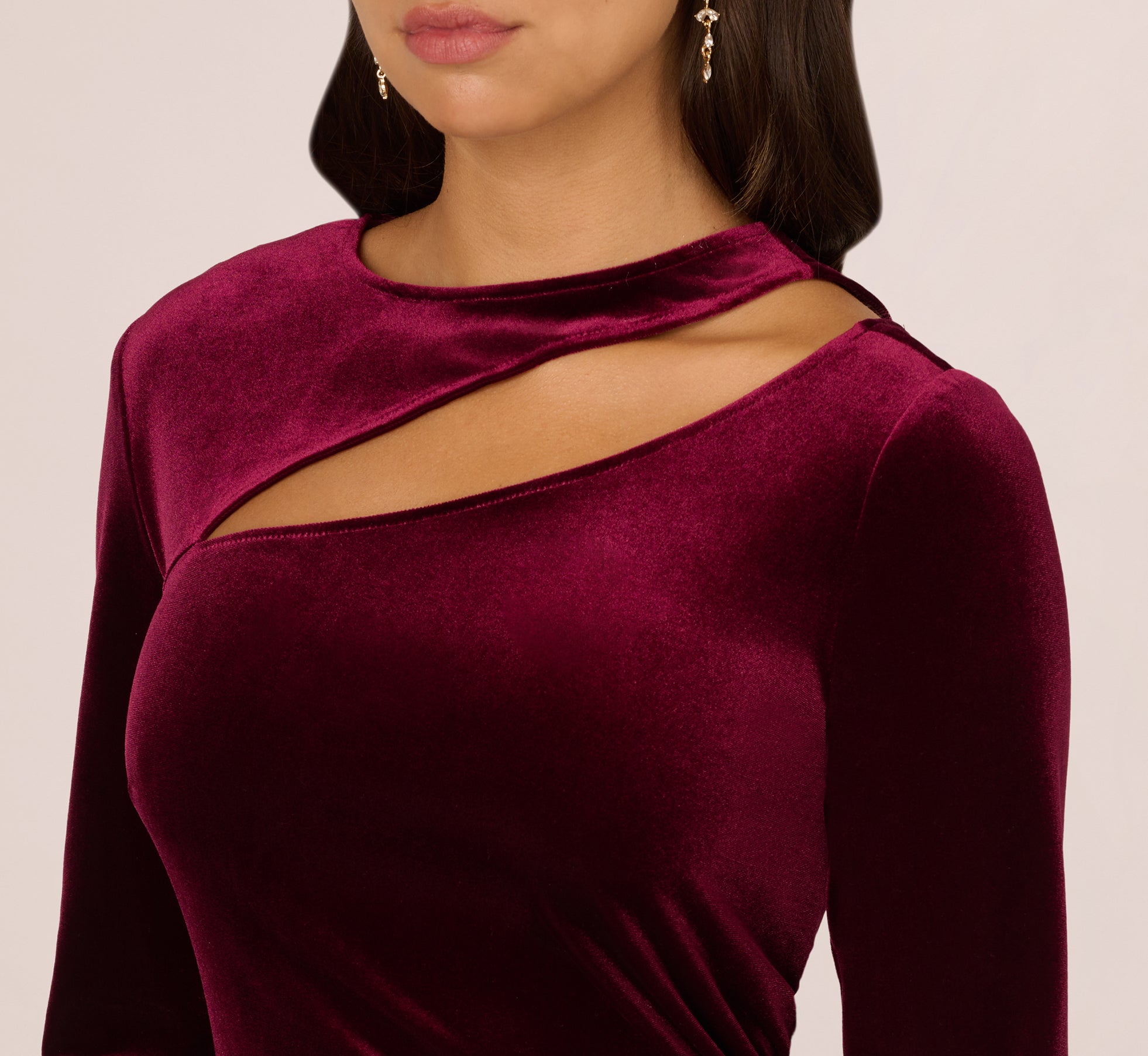 Elegant Long Sleeve Velvet Dress with Asymmetric Cutout Neckline in Burgundy - Perfect for Holiday Parties, Date Nights & Special Occasions