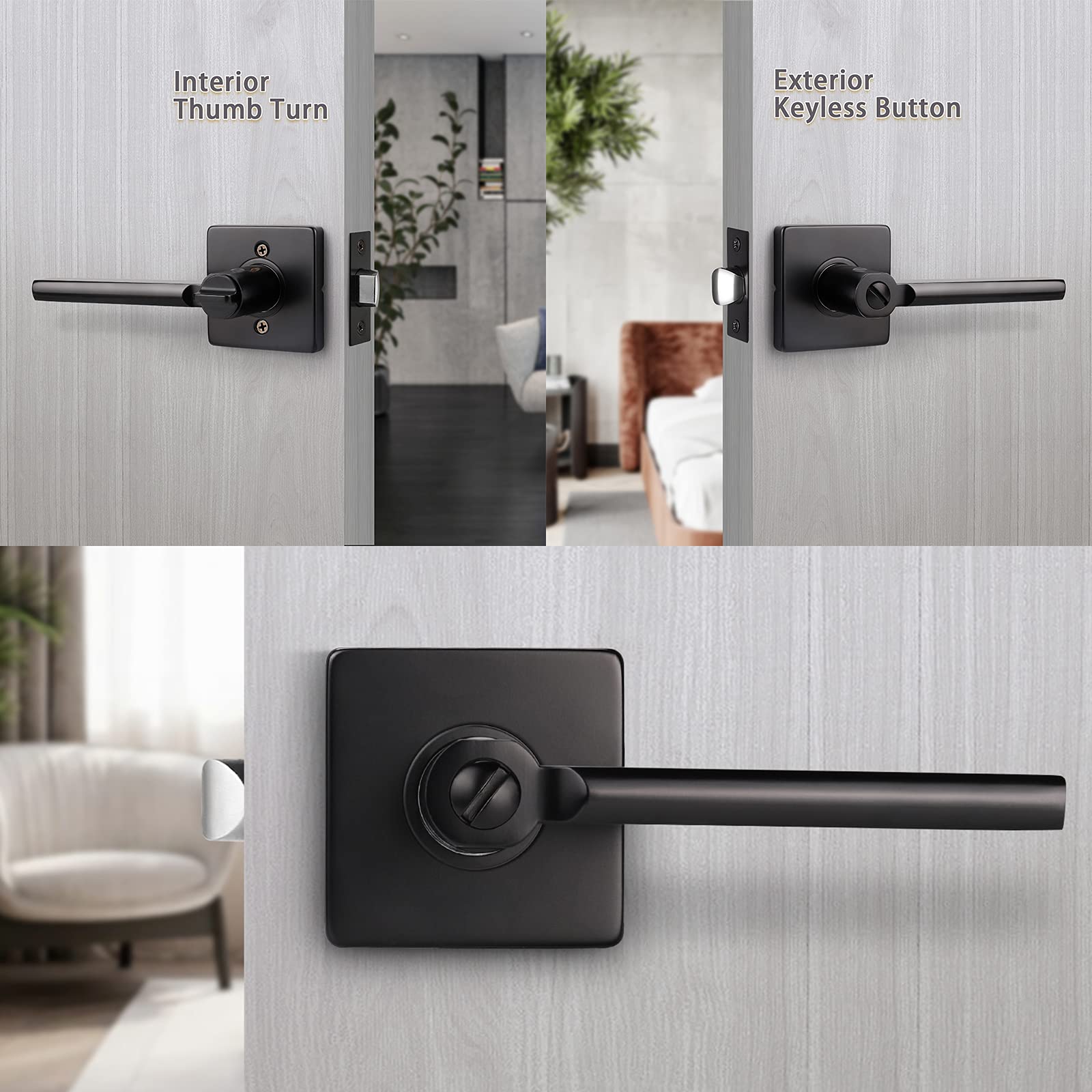 KNOBWELL 3 Pack Modern Square Interior Door Knobs - Matte Black Bedroom & Bathroom Door Handles with Lock, Reversible for Left/Right Hanging - Perfect for Home, Office, and Commercial Spaces