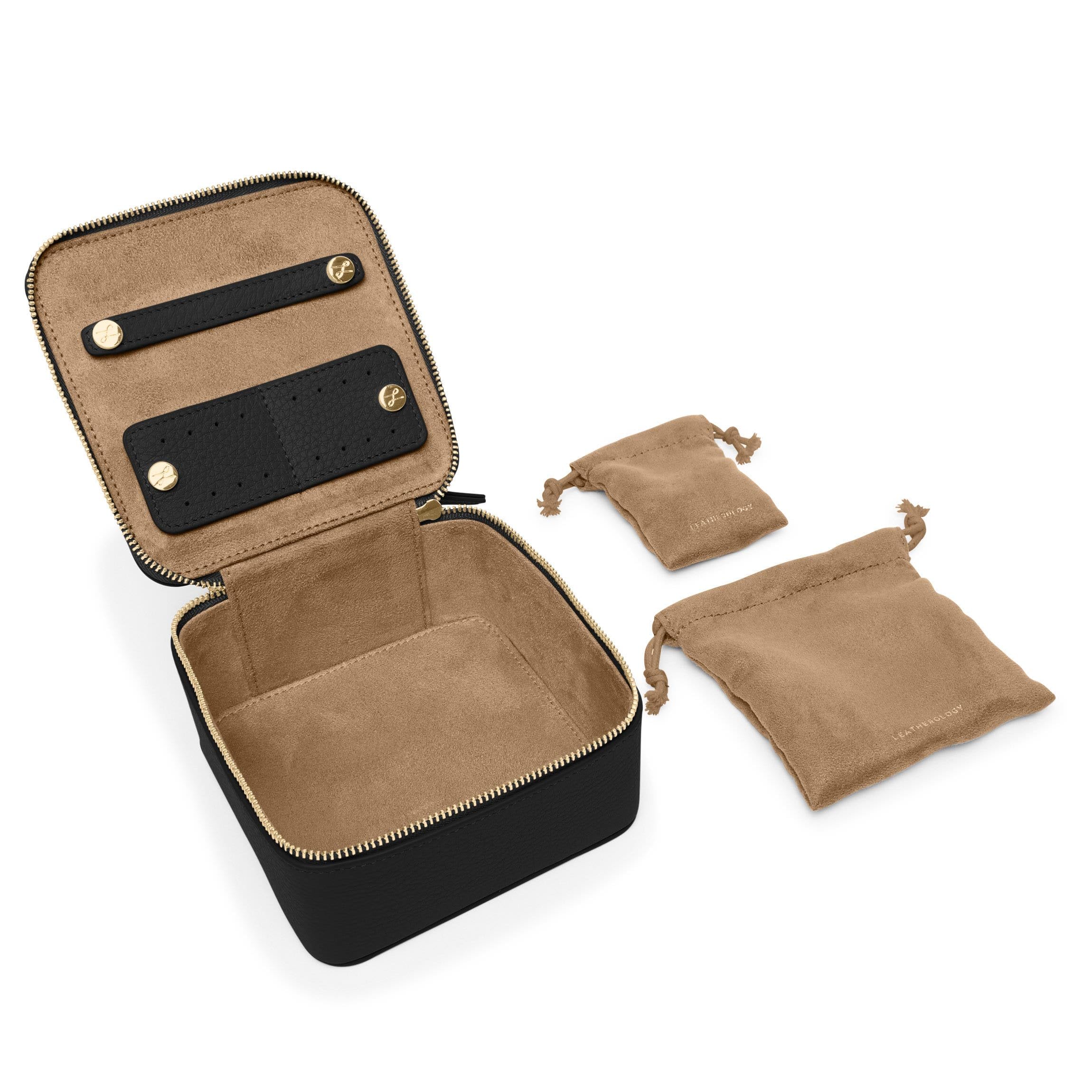 Leatherology Black Onyx Medium Jewelry Organizer - Premium Leather Jewelry Box with Ample Storage, Structured Design for Necklaces & Bracelets | Perfect for Travel, Vanity & Gift Giving