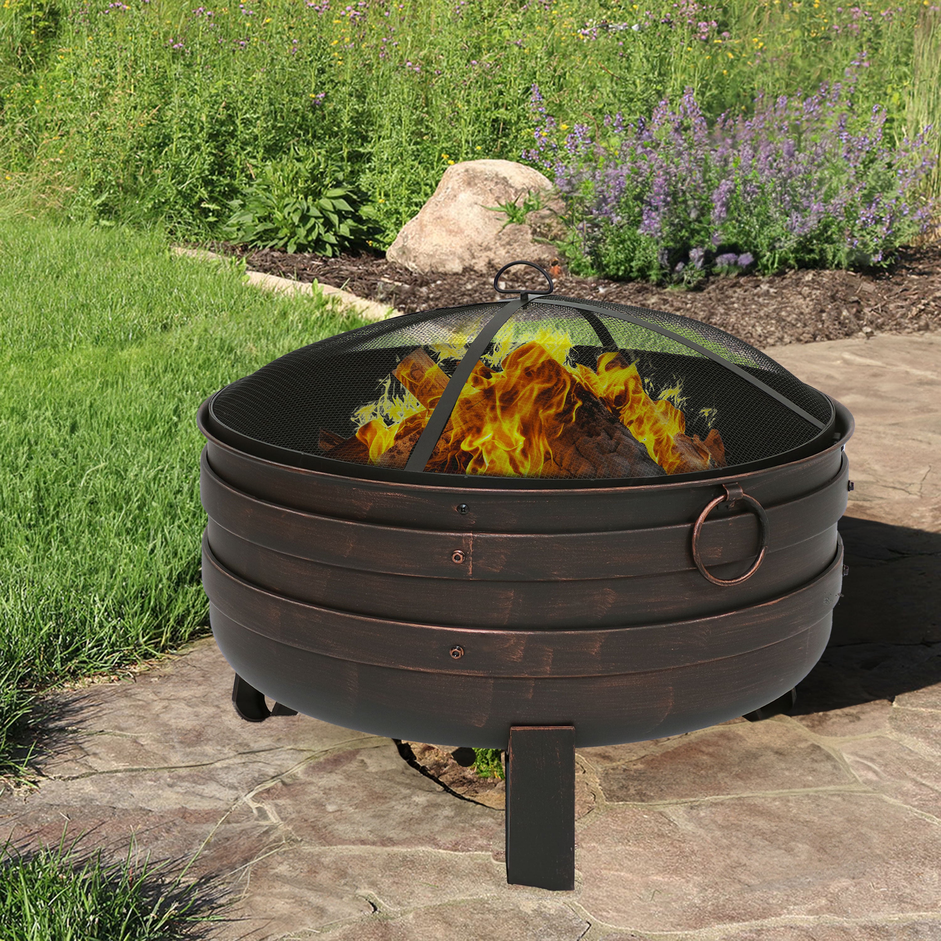 28.5 Inch Sunnydaze Bronze Cauldron Fire Pit with Cover & Spark Screen - Outdoor Garden, Patio, Backyard Fireplace for Camping & Gatherings