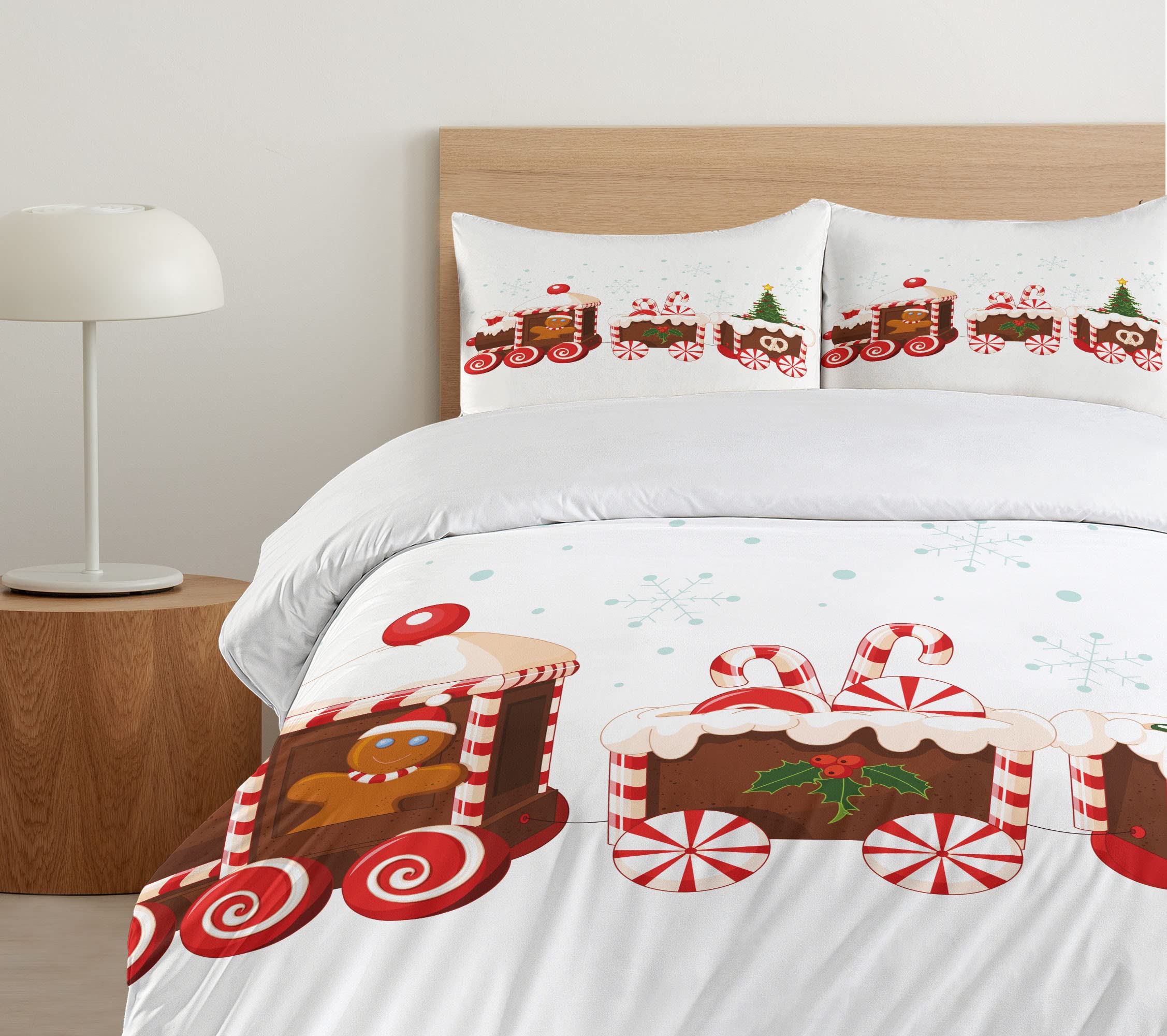 Ambesonne Christmas Duvet Cover Set 3-Piece - Train Gingerbread Cream Candy Cartoon Toys Snowflakes Presents Design - California King Size Bedding with 2 Pillow Shams - White Brown Vermilion Holiday Decor for Cozy Winter Bedrooms & Festive Home Styling