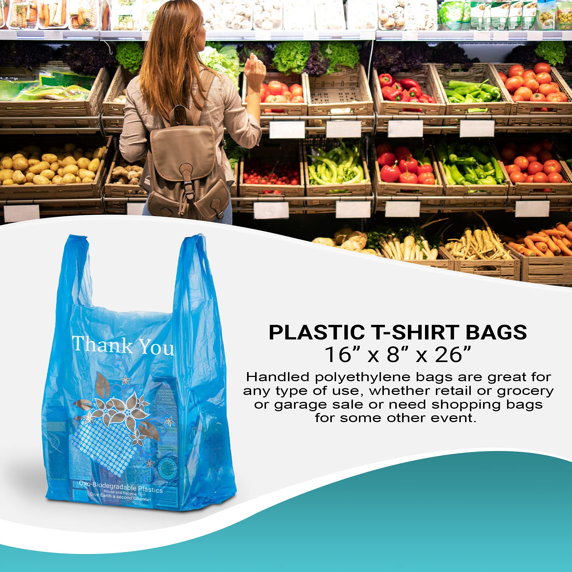 APQ 500 Pack Jumbo Thank You Plastic Bags 16x8x26 Inches - Blue Thick 18 Micron T-Shirt Carry Out Bags | Eco-Friendly Preprinted Retail Shopping Bags for Grocery Stores, Boutiques & Gift Shops
