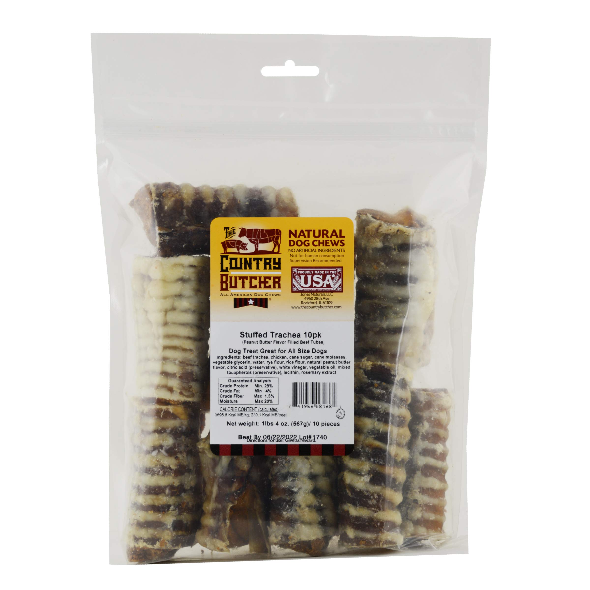 Natural Filled Beef Trachea Dog Chews with Glucosamine & Chondroitin for Joint Health | USA-Made Peanut Butter Stuffed Tough Chew Toy | Grain-Free, Rawhide-Free Treats (10 Count) - Perfect for Training, Teething & Dental Care