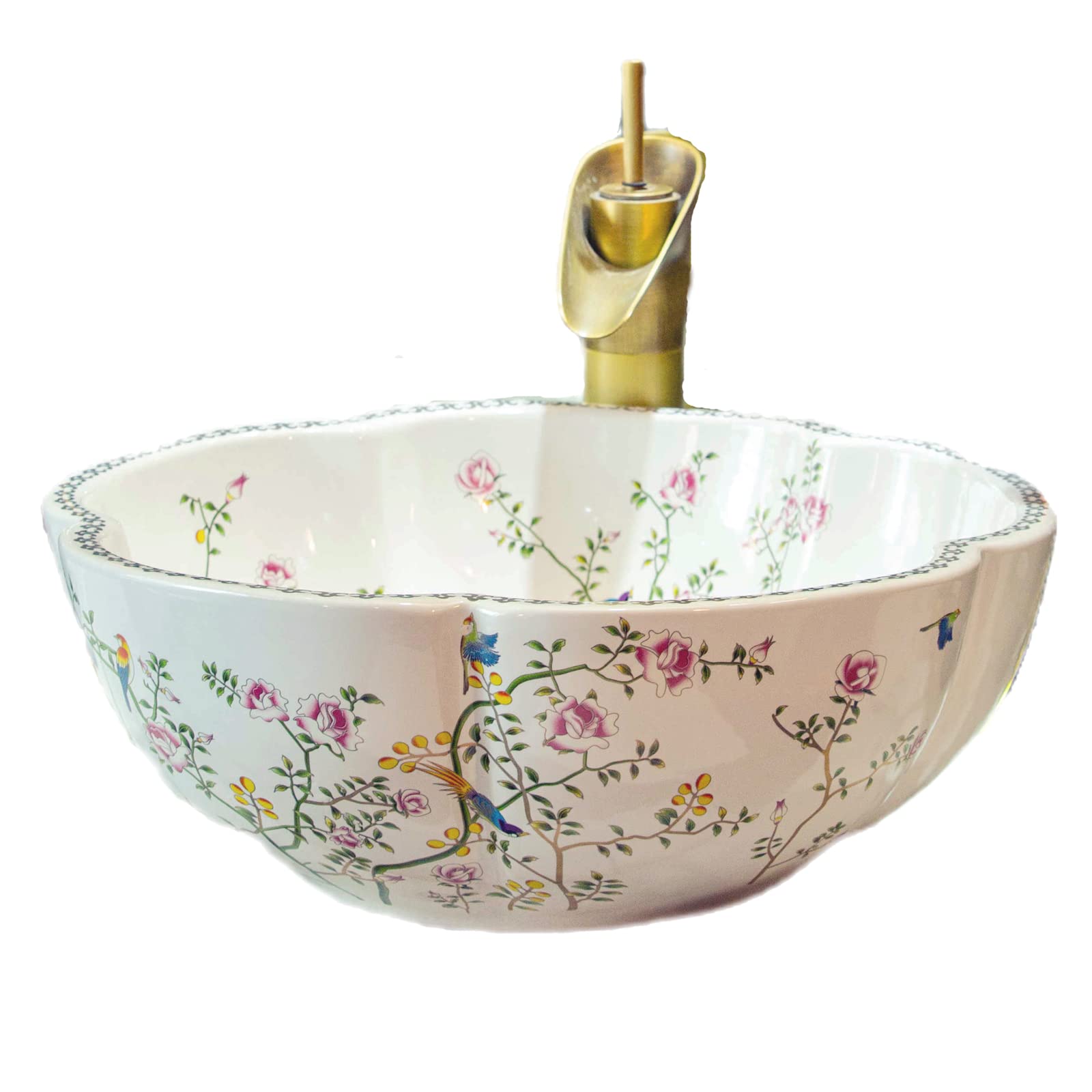White Ceramic Vessel Sink Bowl - Handcrafted Floral & Bird Design Above Counter Bathroom Vanity Basin (Sink Only) - Perfect for Modern Farmhouse, Boho Chic, or Spa-Style Bathroom Decor