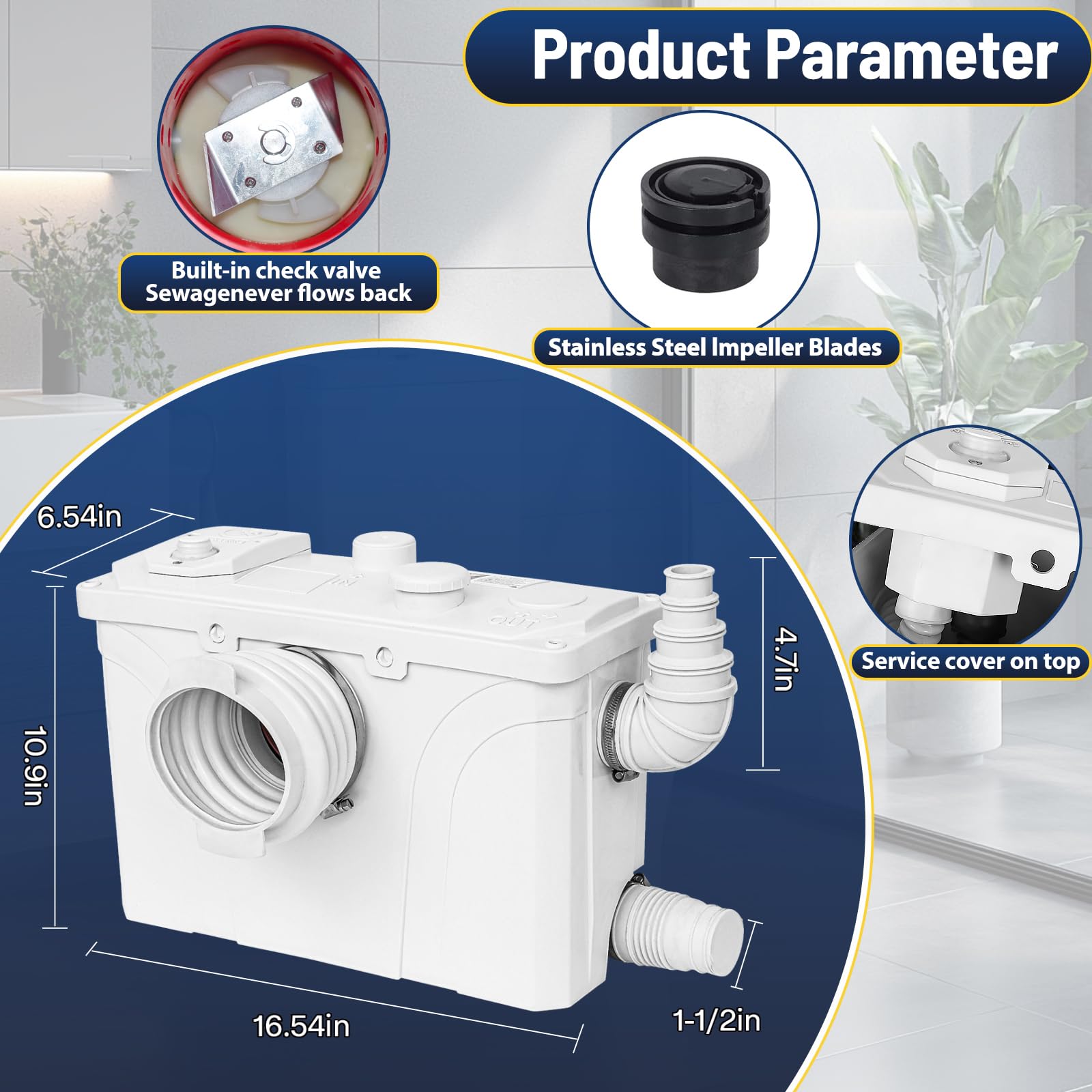 700W Macerator Pump for Upflush Toilet System - 4 Water Inlets for Toilet, Sink, Laundry & Kitchen - Heavy Duty Sewage Grinder Pump - Perfect for Basement, RV & Tiny Home Bathroom Installations