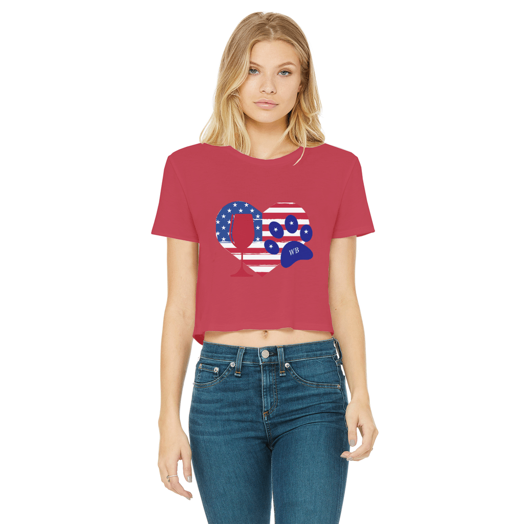 WineyBitches.Co Women's Cropped Raw Edge T-Shirt with Heart Paw Print - American Wine Lover Tee for Casual Outfits, Girls Night Out & Wine Tasting Events