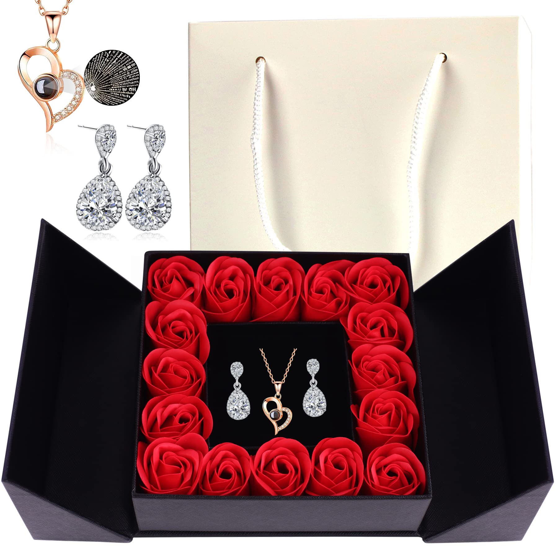 Lytoybe Eternal Real Rose Gift Box - Red Rose with 'Love You' Heart Necklace in 100 Languages | Valentine's Day, Birthday, Anniversary & Mother's Day Romantic Gift (Black Gift Box) | Perfect for Proposals, Weddings & Special Occasions