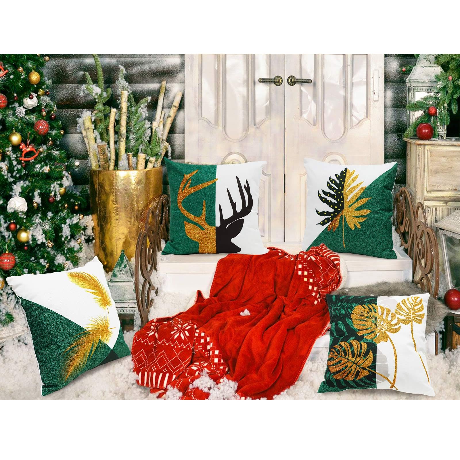Waterproof Outdoor Pillow Covers Set of 4 - 18x18 Inch Deer & Gold Foil Leaf Design Cotton Linen Cushion Covers - Perfect for Patio Furniture, Garden Decor, Christmas & New Year Home Decoration