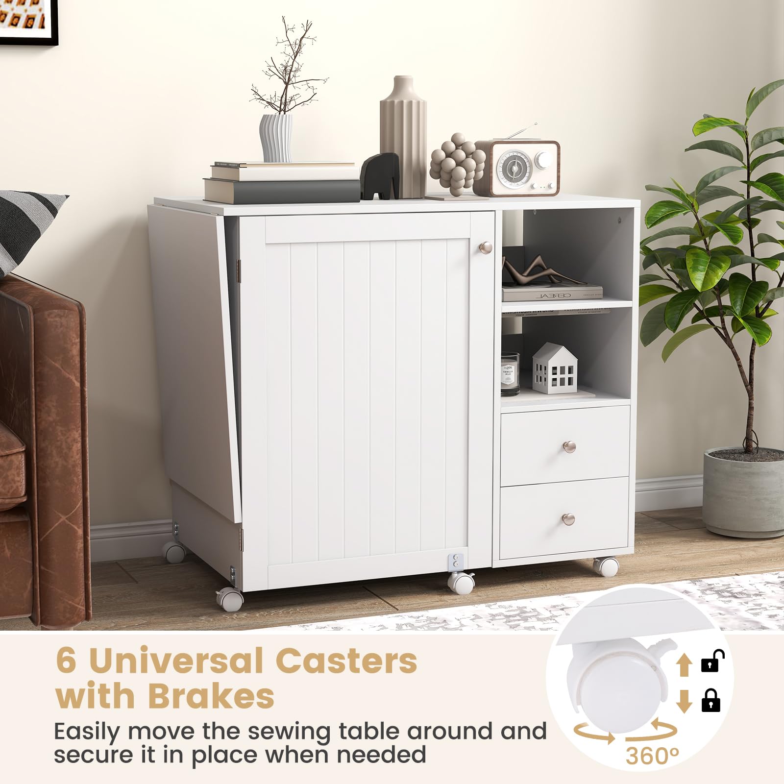Giantex Folding Sewing Table with Charging Station & Storage - Rolling Craft Table with 18 Pegs, 2 Trays, Shelves & Drawers - Foldable Sewing Machine Cabinet with 6 Lockable Wheels, White - Perfect for Quilting, Sewing Projects & Craft Rooms