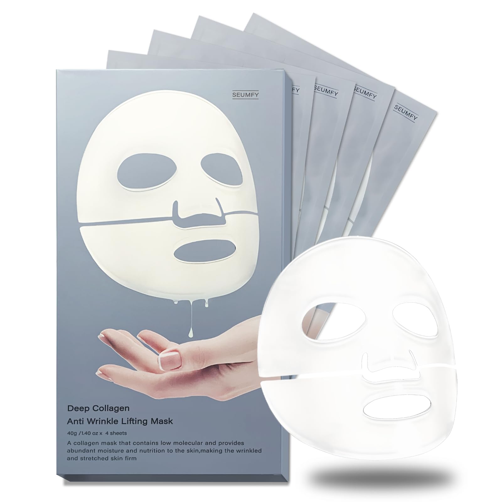 SEUMFY Collagen Deep Hydrating Overnight Face Mask - Anti-Wrinkle Hydrogel Sheet Mask for Pore Minimizing, Elasticity & Moisture Boost (40g x4) | Perfect for Nighttime Skincare Routine & Spa Day Self-Care