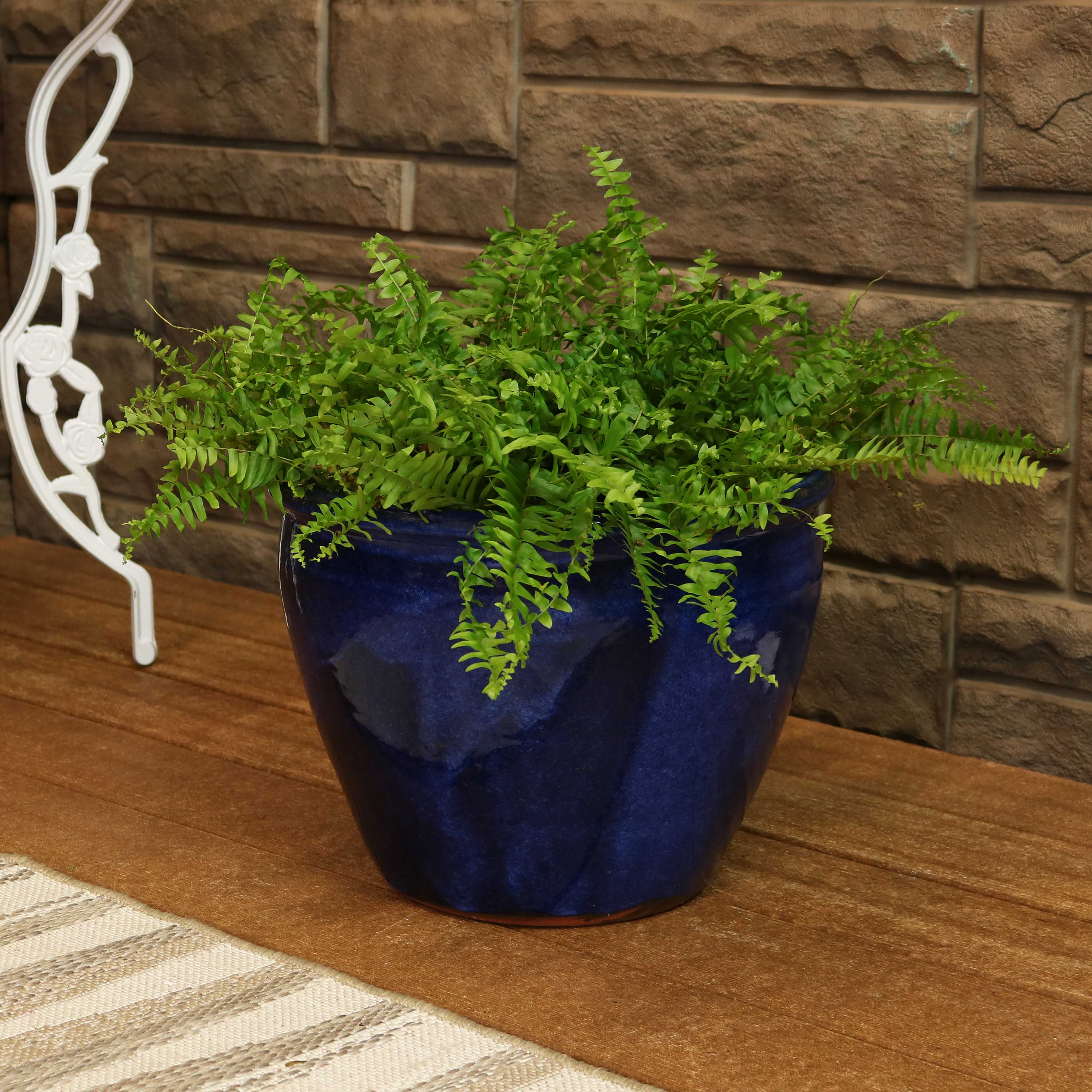 Sunnydaze Chalet Round Glazed Ceramic Planter with Drainage Hole - Outdoor Garden Flower Pot for Patio, Balcony & Home Decor