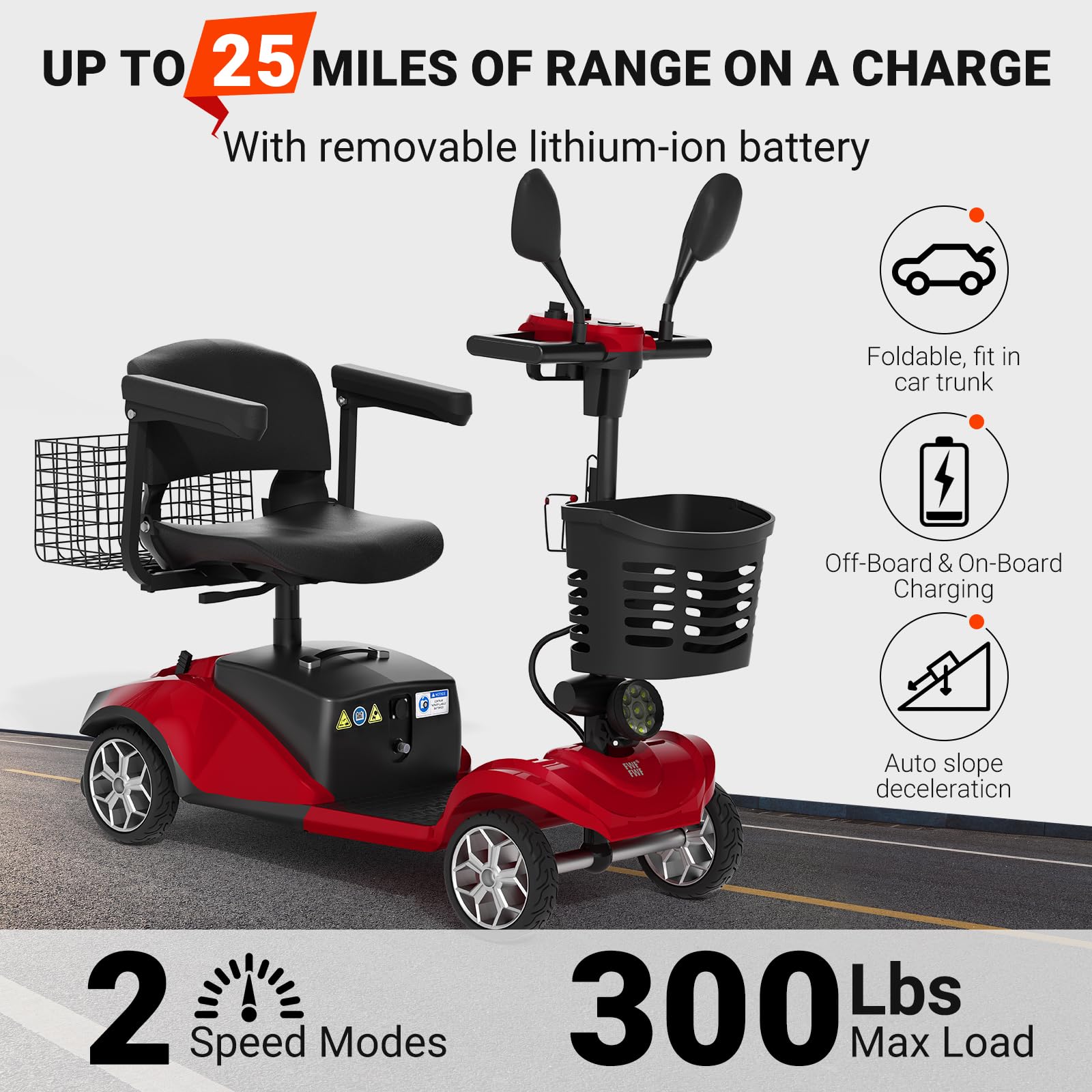 **DA-021 4-Wheel Folding Electric Mobility Scooter for Adults & Seniors - Lightweight, Collapsible Design with Emergency Brake, Removable Battery & Basket, Swivel Seat & Cup Holder (Red) - Ideal for Indoor/Outdoor Use, Shopping & Travel**