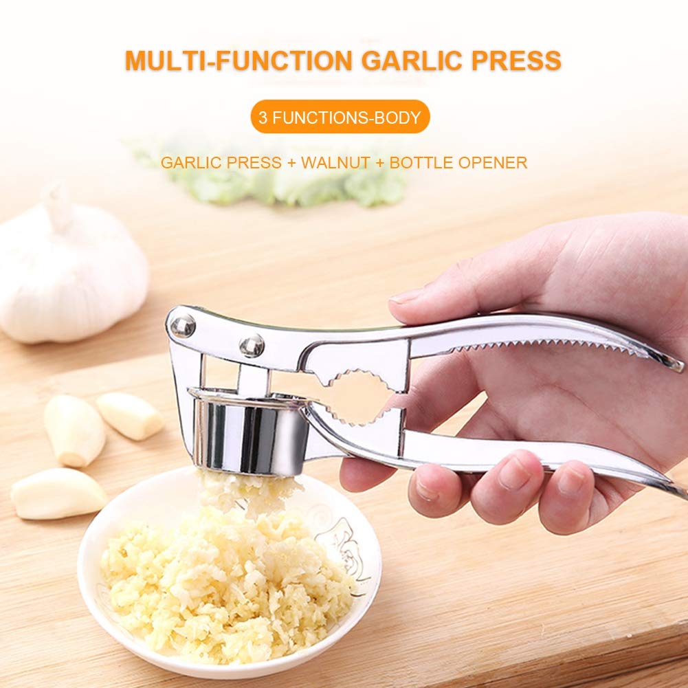 Stainless Steel Manual Garlic Press - Heavy Duty Garlic Crusher & Mincer with Walnut Clip, Fish Scale Scraper & Bottle Opener - Perfect for Kitchen, Camping & Outdoor Cooking
