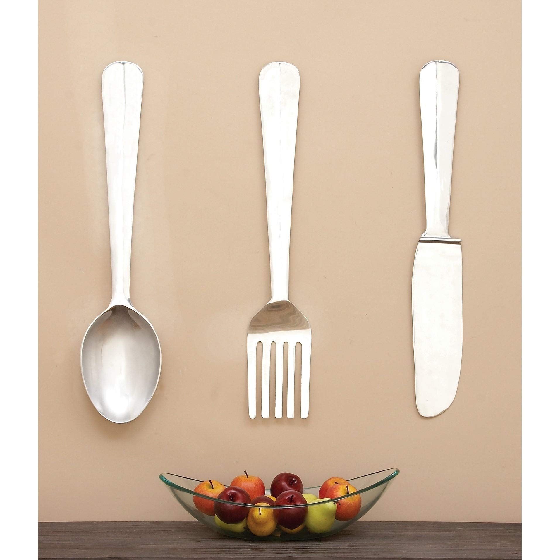 Vintage Silver Aluminum Utensil Wall Decor Set of 3 - Mid-Century Modern Metal Kitchen Art for Farmhouse, Restaurant & Dining Room Decor