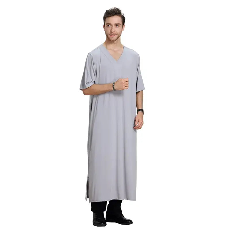 Arab Middle East V-Neck Short Sleeve Men's Robe Thobe Thawb - Comfortable Islamic Prayer Dress for Daily Wear & Special Occasions