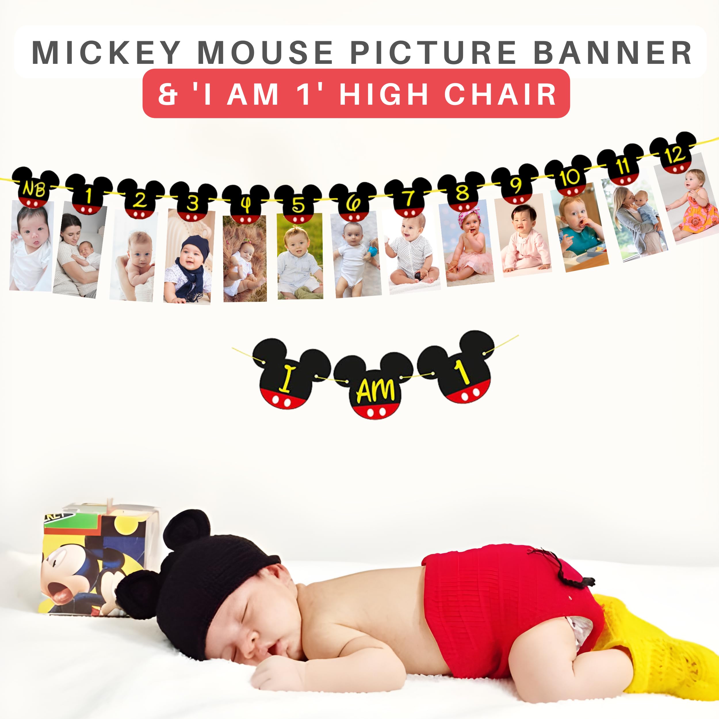 Mickey Mouse 1st Birthday Banner Decorations - Newborn to 12 Months First Birthday Party Supplies with 'I Am One' Highchair Banner - Perfect for Baby Boy's First Birthday Party & Mickey Mouse Themed Decor
