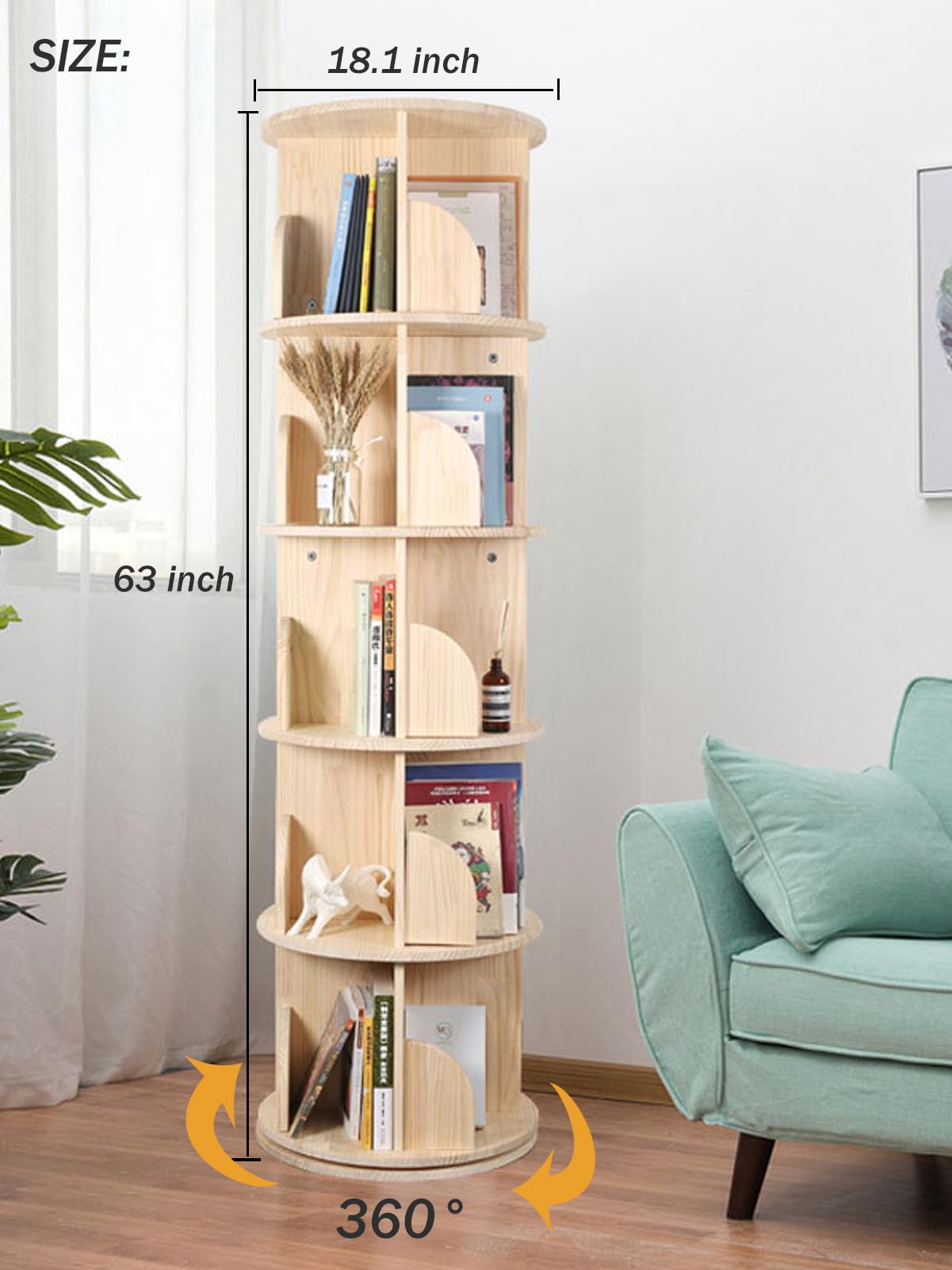 360° Rotating 5-Tier Bookshelf - Wooden Floor Standing Bookcase Storage Organizer for Kids & Adults (63