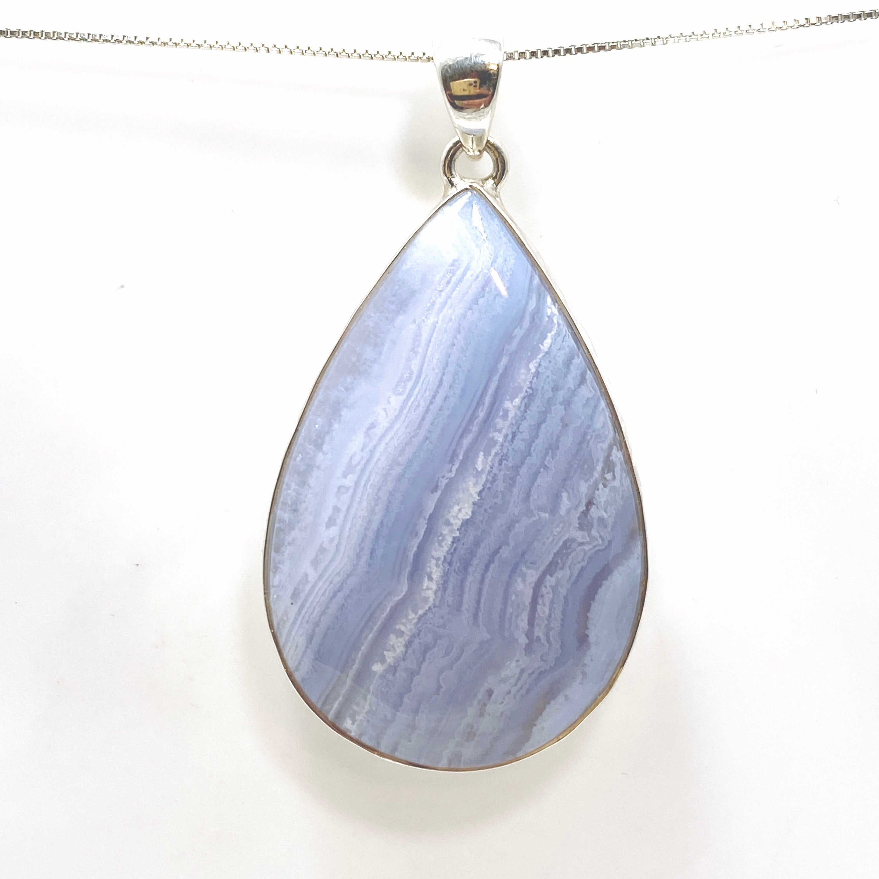 Blue Lace Agate Teardrop Cabochon Pendant in Hammered Silver Setting - KPGJ4831 | Handmade Jewelry for Women, Boho Chic Necklace for Everyday Wear & Special Occasions