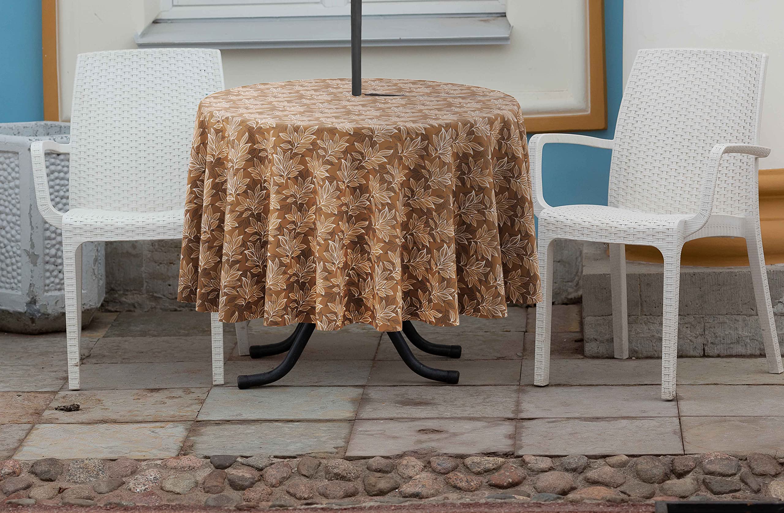 58 Inch Waterproof Round Tablecloth with Umbrella Hole & Zip - Indoor/Outdoor Patio Dining Table Cover for Backyard, Picnic, BBQ - Light Brown