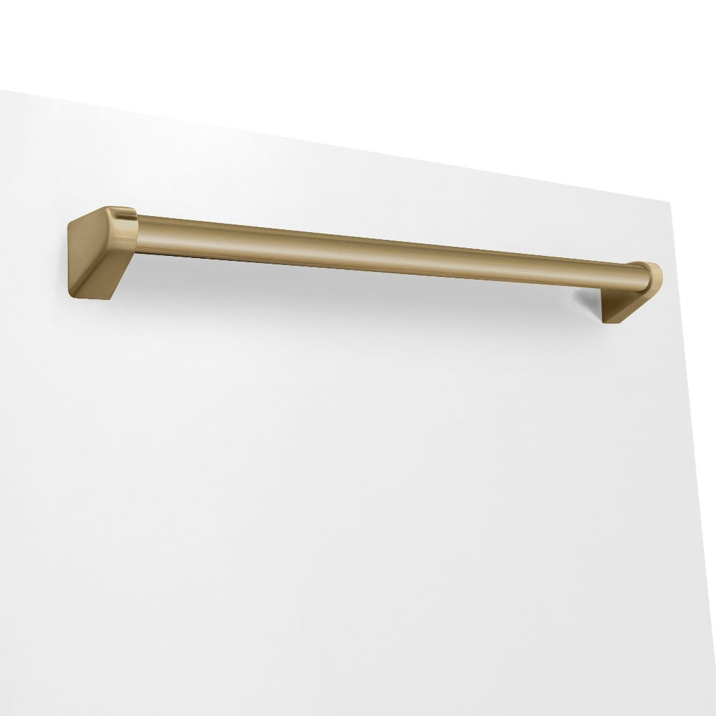 ZLINE Autograph Edition 24 Inch Monument Series 3rd Rack Top Touch Control Tall Tub Dishwasher - White Matte with Champagne Bronze Handle, 45dBa Ultra Quiet (DWMTZ WM 24 CB) | Perfect for Modern Kitchens, Open Concept Homes & Luxury Apartments
