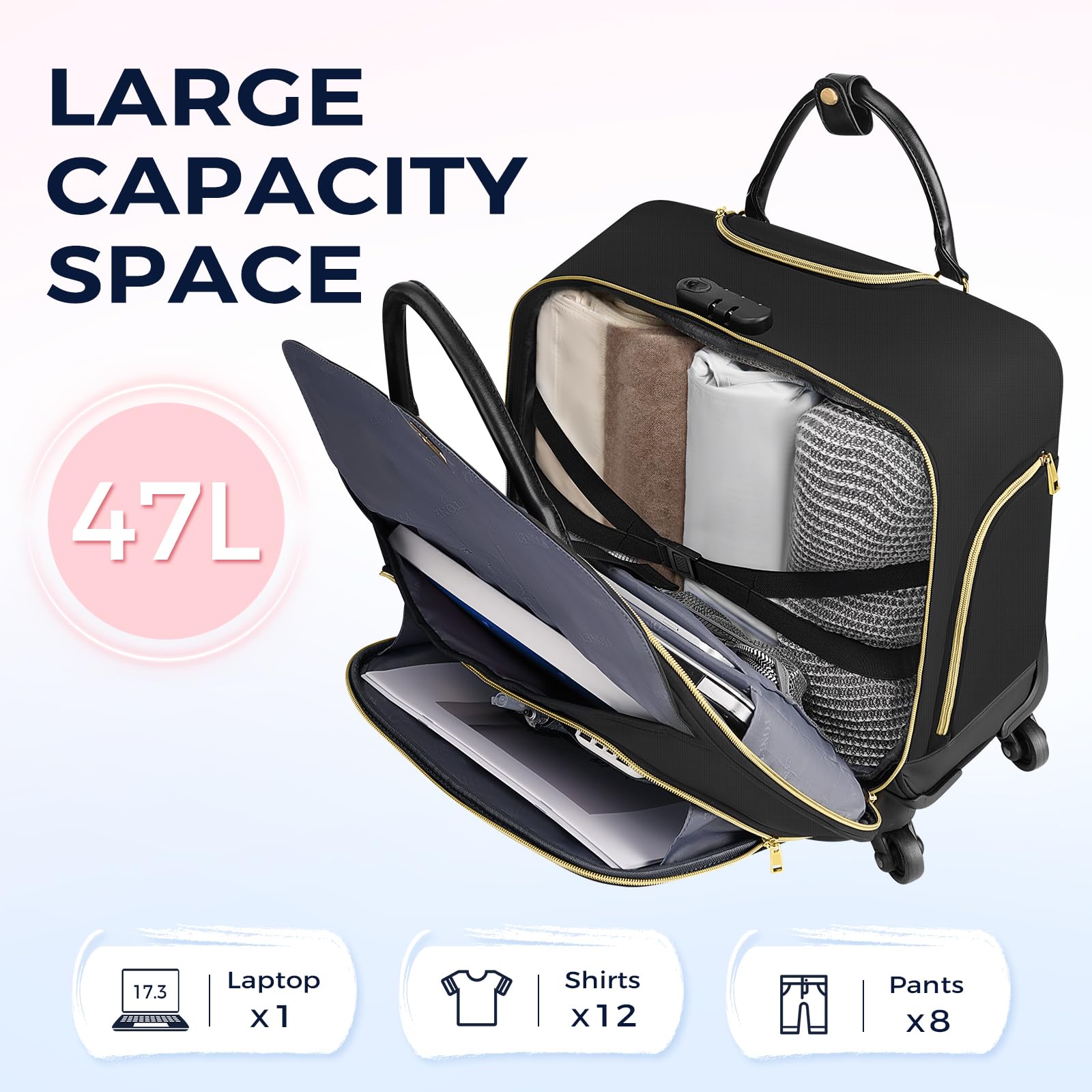 Ytonet 17.3 Inch Rolling Laptop Bag for Women - 4 Spinner Wheels, Lock & Packing Cube - Black Rolling Briefcase for Travel, Work, Business, Teacher & Daily Commute