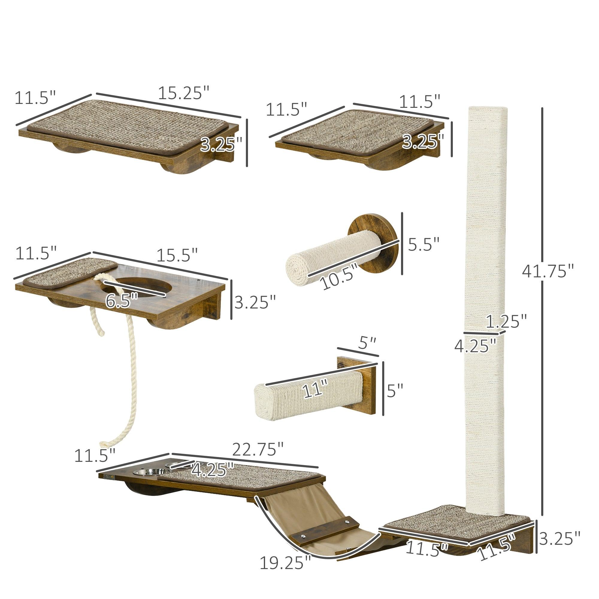 Premium Cat Wall Shelves Set - 8-Piece Wall Mounted Cat Furniture with Perches, Scratching Posts, Ladder & Feeder Bowls for Climbing, Sleeping & Play - Brown Wooden Cat Shelving System for Indoor Cats - Perfect for Small Spaces & Cat Enrichment Activities