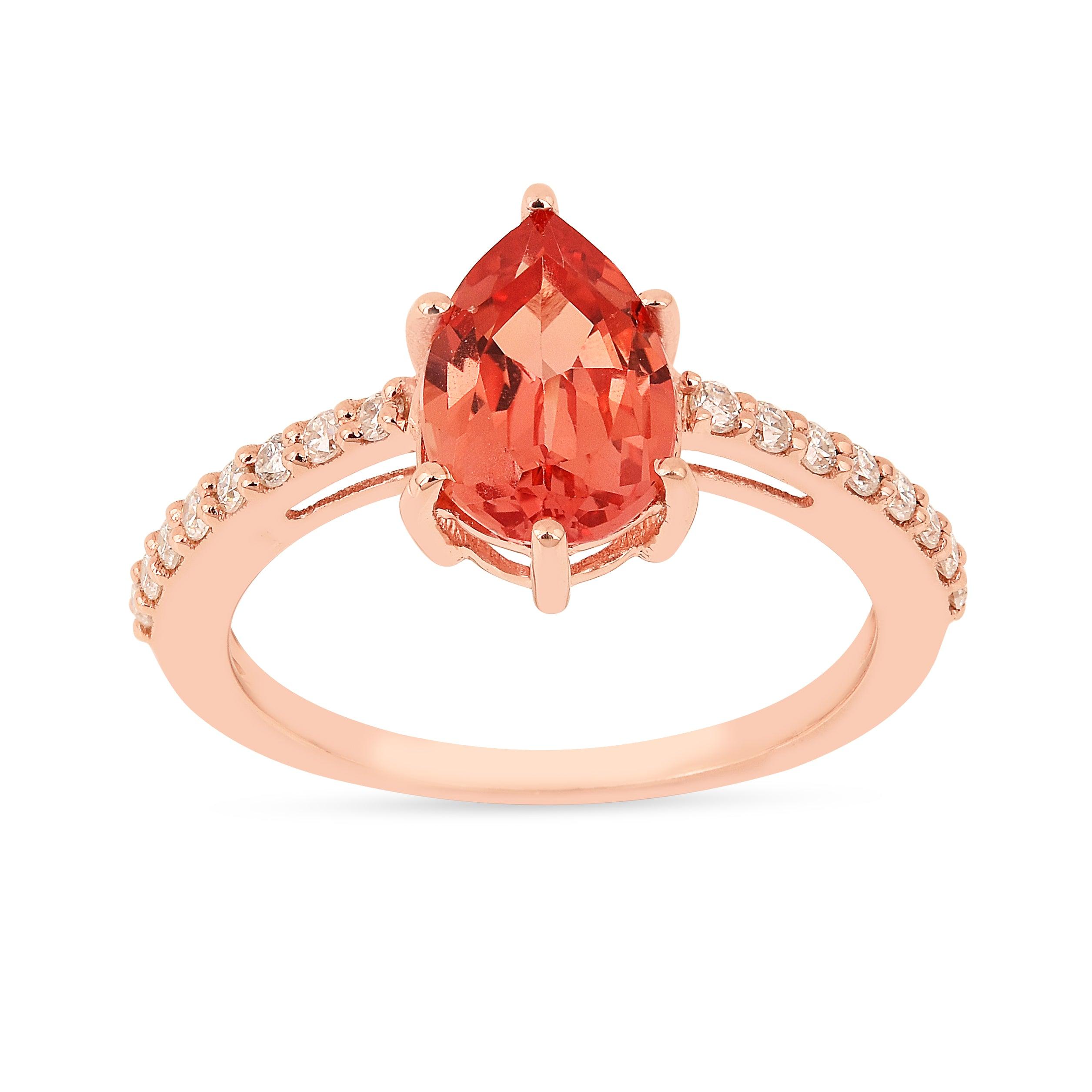 Exquisite Peach Sapphire Teardrop Ring | 14K Gold Plated Elegant Jewelry | Perfect for Weddings, Anniversaries & Special Occasions