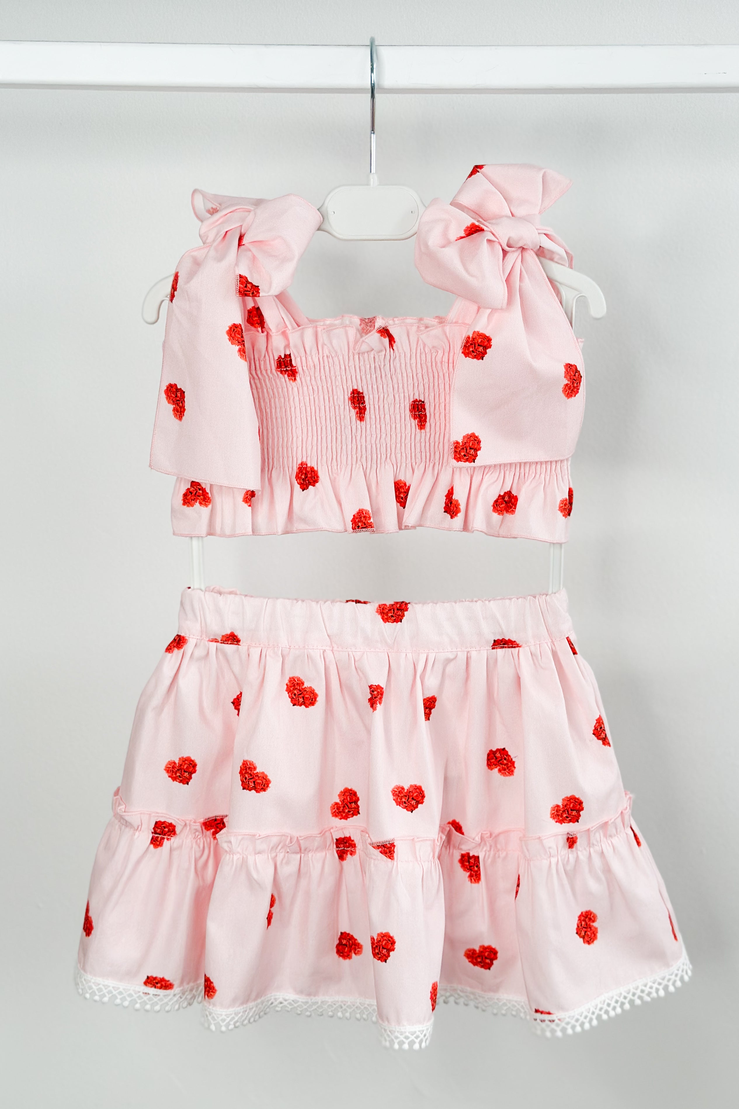 Milana Pink Floral Heart Print Crop Top & Skirt Set - Women's Summer Outfit for Date Night, Beach Vacation & Festival Fashion